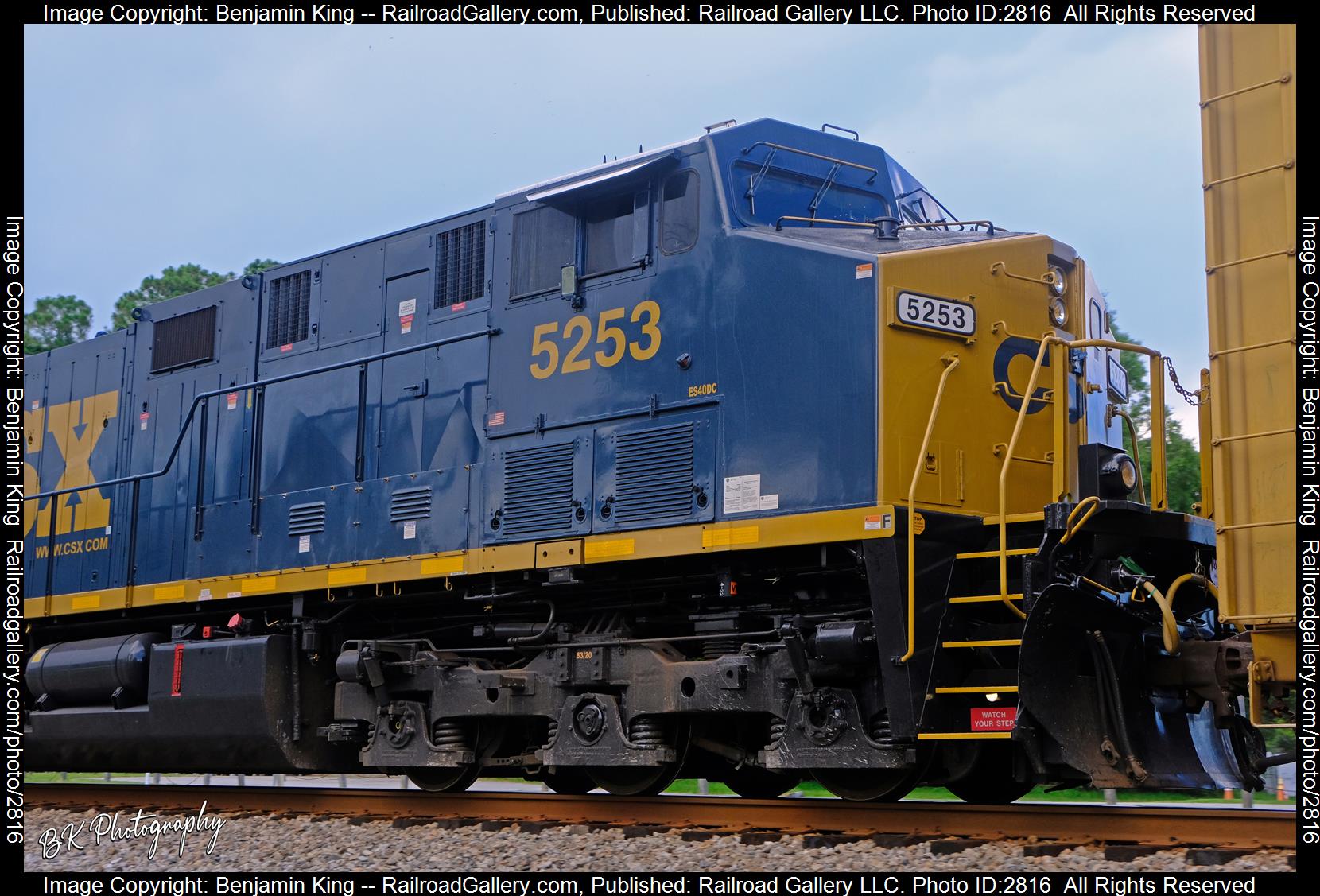 CSXT 5253 is a class GE ES40DC and  is pictured in Folkston, Georgia, USA.  This was taken along the CSXT Nahunta Subdivision on the CSX Transportation. Photo Copyright: Benjamin King uploaded to Railroad Gallery on 12/29/2023. This photograph of CSXT 5253 was taken on Friday, July 15, 2022. All Rights Reserved. 