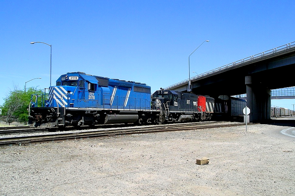 CEFX 3178 is a class EMD SD40-2 and  is pictured in Tucson, Arizona, USA.  This was taken along the Lordsburg/SP on the CEFX Lease. Photo Copyright: Rick Doughty uploaded to Railroad Gallery on 12/30/2023. This photograph of CEFX 3178 was taken on Thursday, May 20, 2004. All Rights Reserved. 