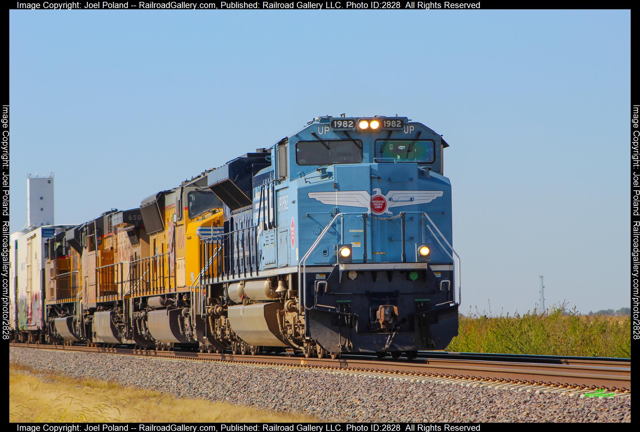 UP 1982 is a class EMD SD70ACe and  is pictured in Silver Creek, Nebraska, USA.  This was taken along the Columbus Sub on the Union Pacific Railroad. Photo Copyright: Joel Poland uploaded to Railroad Gallery on 12/30/2023. This photograph of UP 1982 was taken on Tuesday, October 08, 2019. All Rights Reserved. 