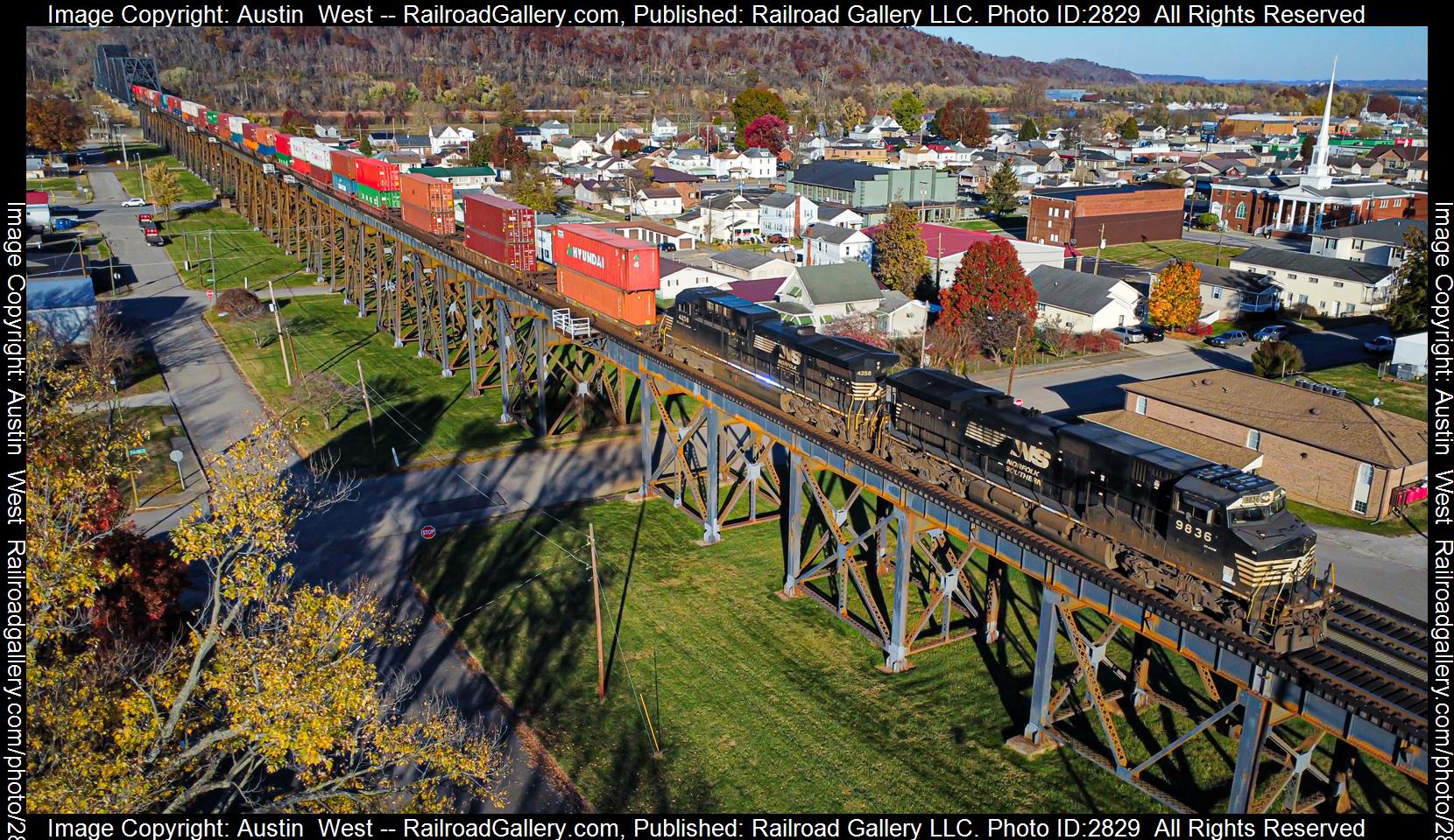 NS 9836 is a class GE C44-9W (Dash 9-44CW) and  is pictured in Kenova, West Virginia, United States.  This was taken along the Kenova District on the Norfolk Southern. Photo Copyright: Austin  West uploaded to Railroad Gallery on 12/30/2023. This photograph of NS 9836 was taken on Sunday, November 12, 2023. All Rights Reserved. 