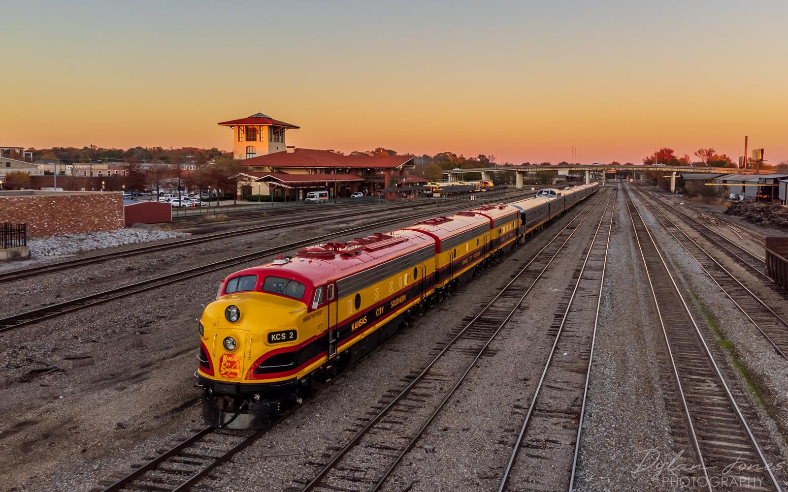 KCS 2 is a class EMD FP9A and  is pictured in Meridian, MS, USA.  This was taken along the Meridian Subdivision (Meridian Speedway) on the Kansas City Southern Railway. Photo Copyright: Dylan  Jones uploaded to Railroad Gallery on 11/30/2022. This photograph of KCS 2 was taken on Monday, November 28, 2022. All Rights Reserved. 