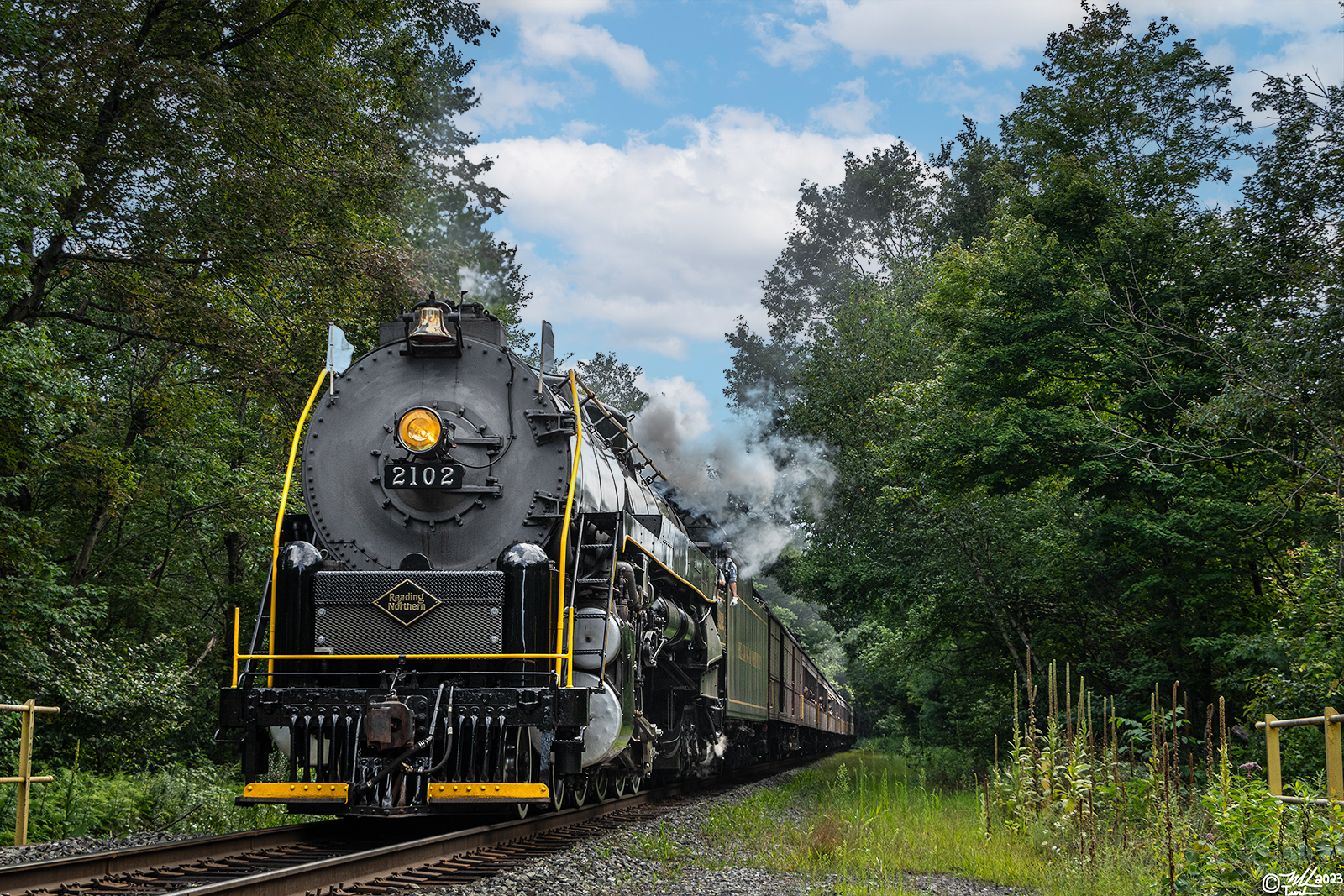 RDG 2102 is a class T-1 and  is pictured in Barnesville, Pennsylvania, USA.  This was taken along the Milepost 102 on the Reading Company. Photo Copyright: Mark Turkovich uploaded to Railroad Gallery on 12/31/2023. This photograph of RDG 2102 was taken on Sunday, August 13, 2023. All Rights Reserved. 