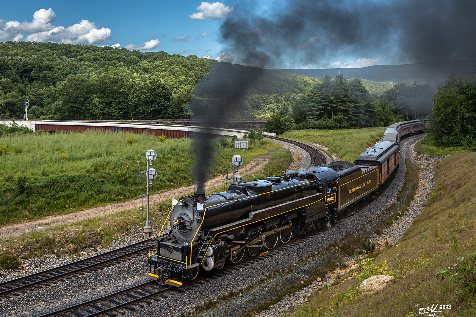 RDG 2102 is a class T-1 and  is pictured in Nesquehoning, Pennsylvania, USA.  This was taken along the Nesquehoning Junction on the Reading Company. Photo Copyright: Mark Turkovich uploaded to Railroad Gallery on 12/31/2023. This photograph of RDG 2102 was taken on Sunday, August 13, 2023. All Rights Reserved. 