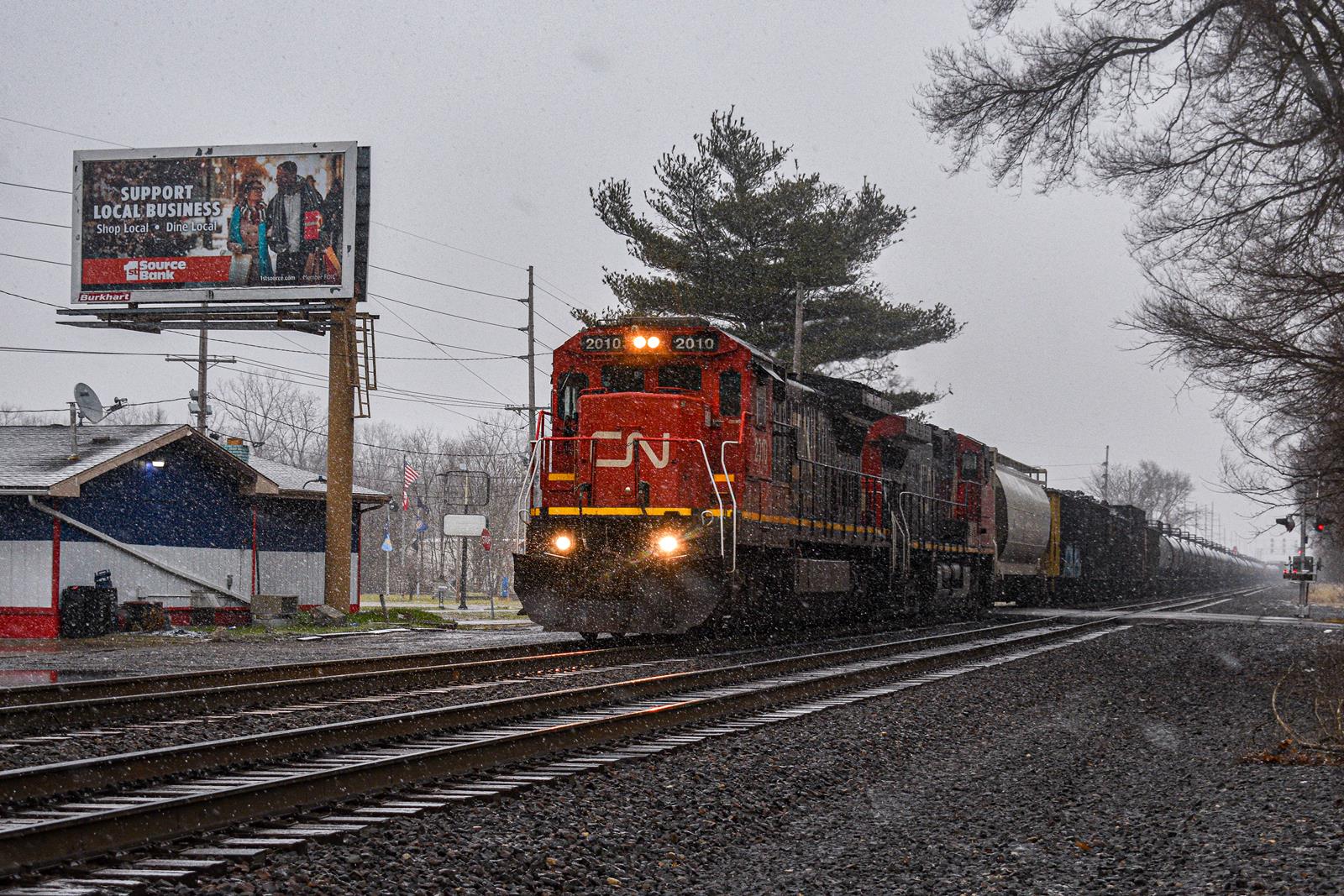 CN 2010 is a class GE C40-8 (Dash 8-40C) and  is pictured in Osceola, Indiana, United States.  This was taken along the Norfolk Southern’s Dearborn Division on the Chicago Line on the Canadian National Railway. Photo Copyright: Reed Hamilton uploaded to Railroad Gallery on 11/30/2022. This photograph of CN 2010 was taken on Saturday, January 01, 2022. All Rights Reserved. 