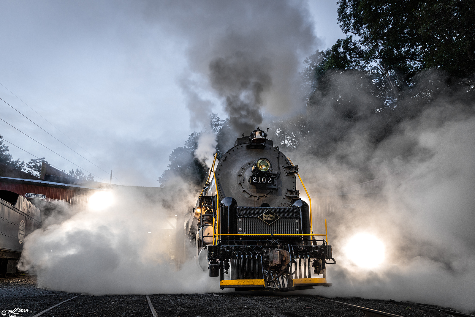 RDG 2102 is a class T-1 and  is pictured in Port Clinton, Pennsylvania, USA.  This was taken along the Reading & Northern Steam Shop on the Reading Company. Photo Copyright: Mark Turkovich uploaded to Railroad Gallery on 01/01/2024. This photograph of RDG 2102 was taken on Saturday, September 02, 2023. All Rights Reserved. 