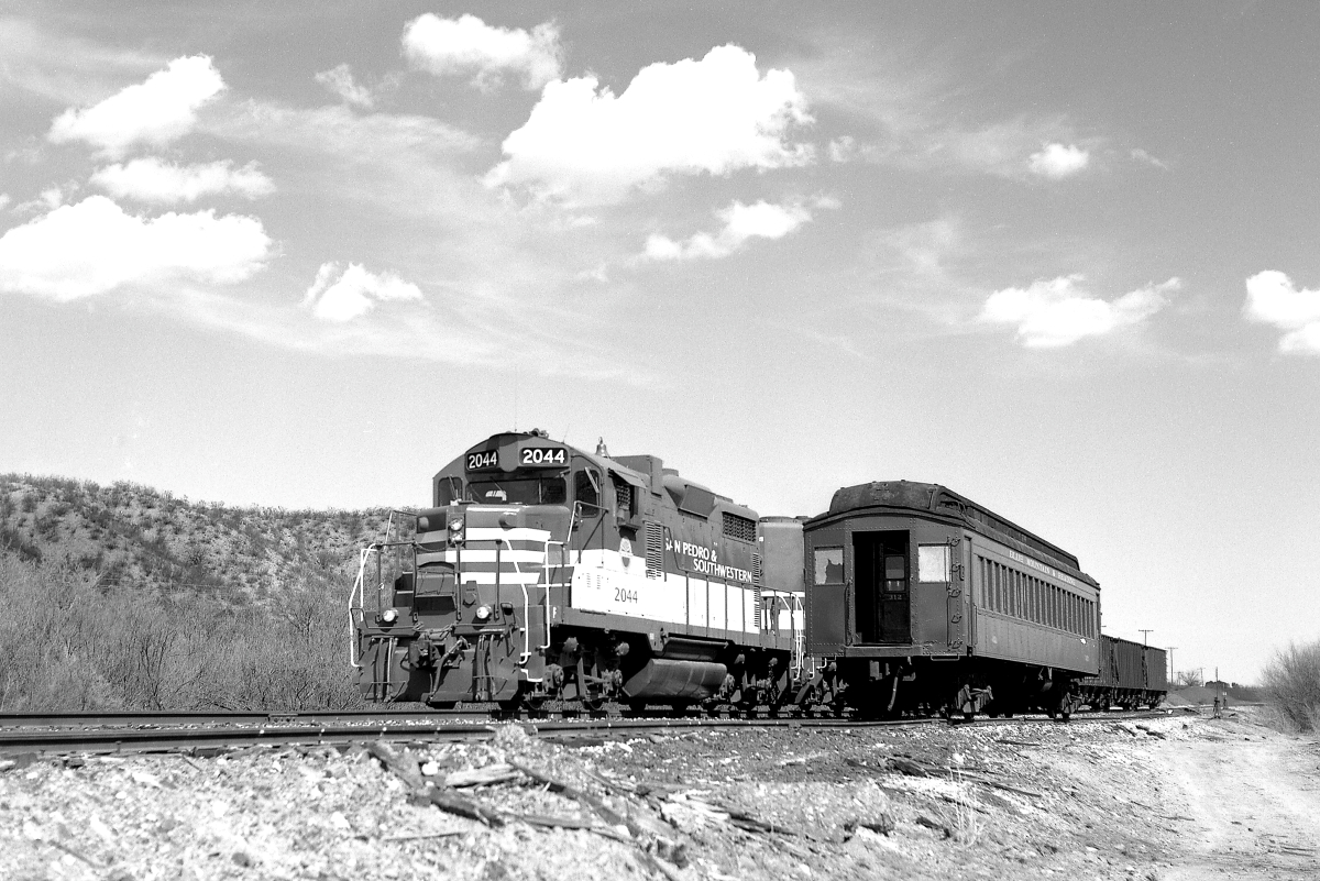 SP&SW 2044 is a class EMD GP20 and  is pictured in Benson, Arizona, USA.  This was taken along the San Pedro & Southwestern. Photo Copyright: Rick Doughty uploaded to Railroad Gallery on 01/04/2024. This photograph of SP&SW 2044 was taken on Saturday, April 10, 1999. All Rights Reserved. 