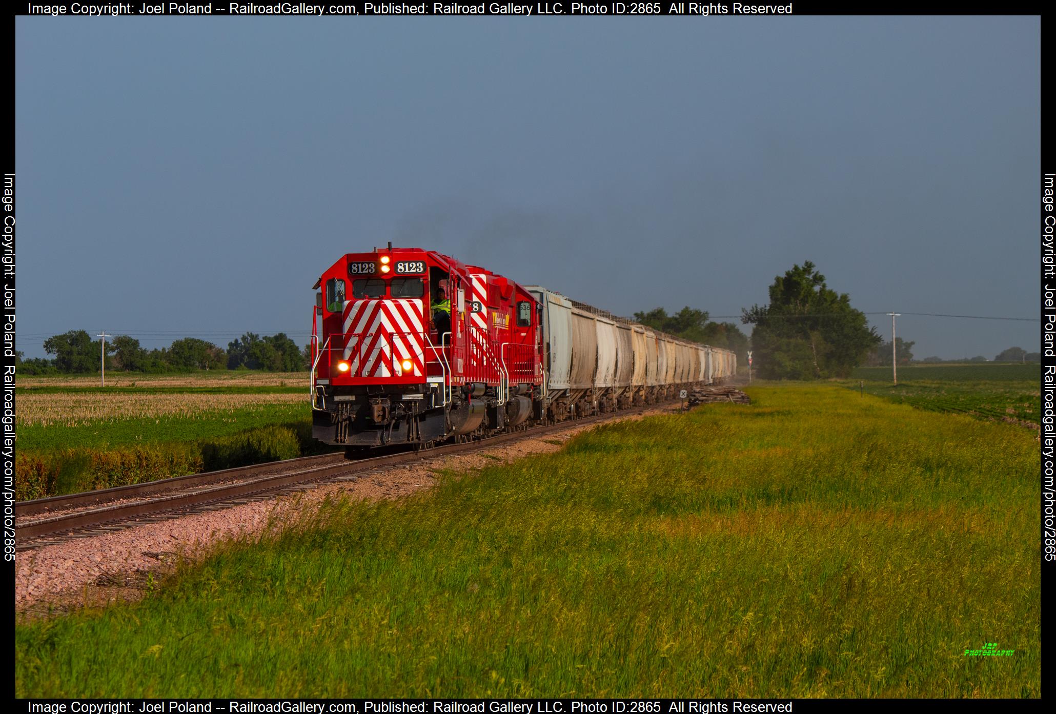 NCRC 8123 is a class EMD SD40-2 and  is pictured in Brainard, Nebraska, USA.  This was taken along the Stromsburg Sub on the Nebraska Central Railroad. Photo Copyright: Joel Poland uploaded to Railroad Gallery on 01/04/2024. This photograph of NCRC 8123 was taken on Friday, June 17, 2022. All Rights Reserved. 