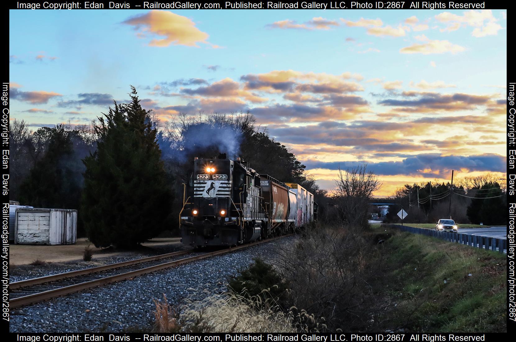 NS 5223 is a class EMD GP38-2 and  is pictured in Vineland , New Jersey, USA .  This was taken along the Vineland Secondary  on the Conrail Shared Assets . Photo Copyright: Edan  Davis  uploaded to Railroad Gallery on 01/04/2024. This photograph of NS 5223 was taken on Monday, December 11, 2023. All Rights Reserved. 