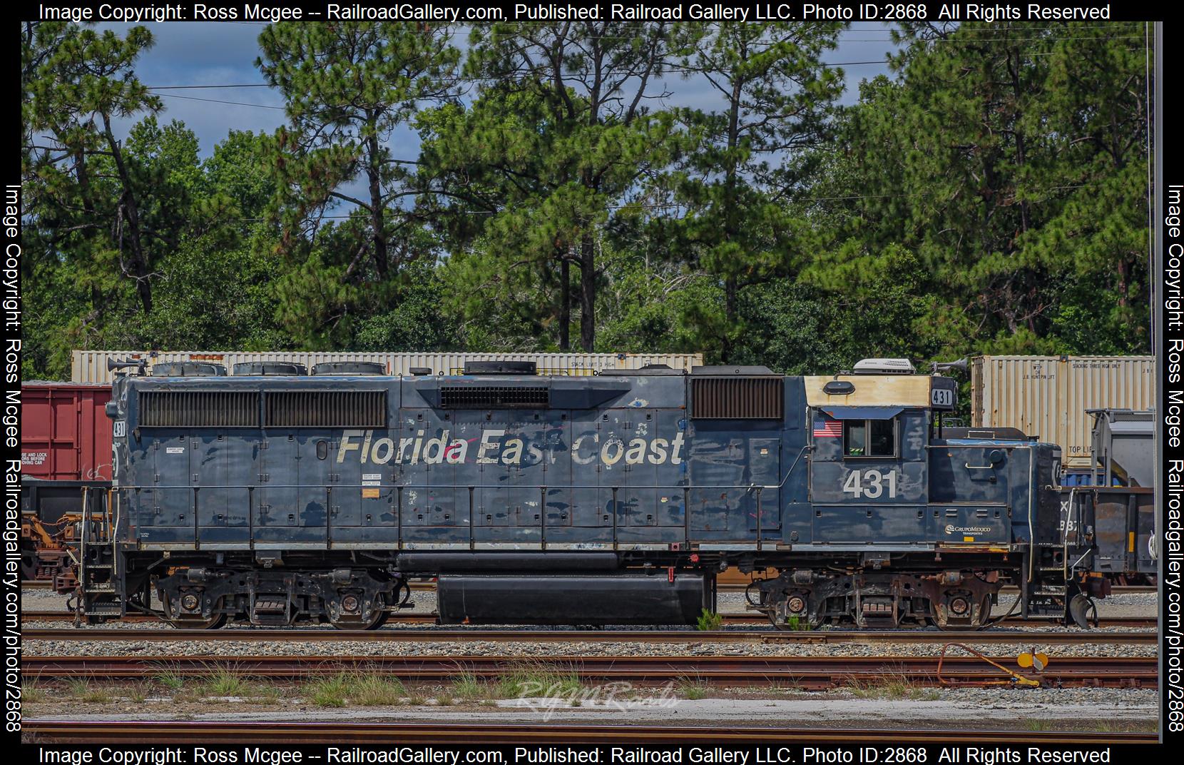 FEC 431 is a class EMD GP40-2 and  is pictured in Jacksonville, Florida, USA.  This was taken along the Florida East Coast Railway on the Florida Central Railroad. Photo Copyright: Ross Mcgee uploaded to Railroad Gallery on 01/04/2024. This photograph of FEC 431 was taken on Sunday, May 28, 2023. All Rights Reserved. 