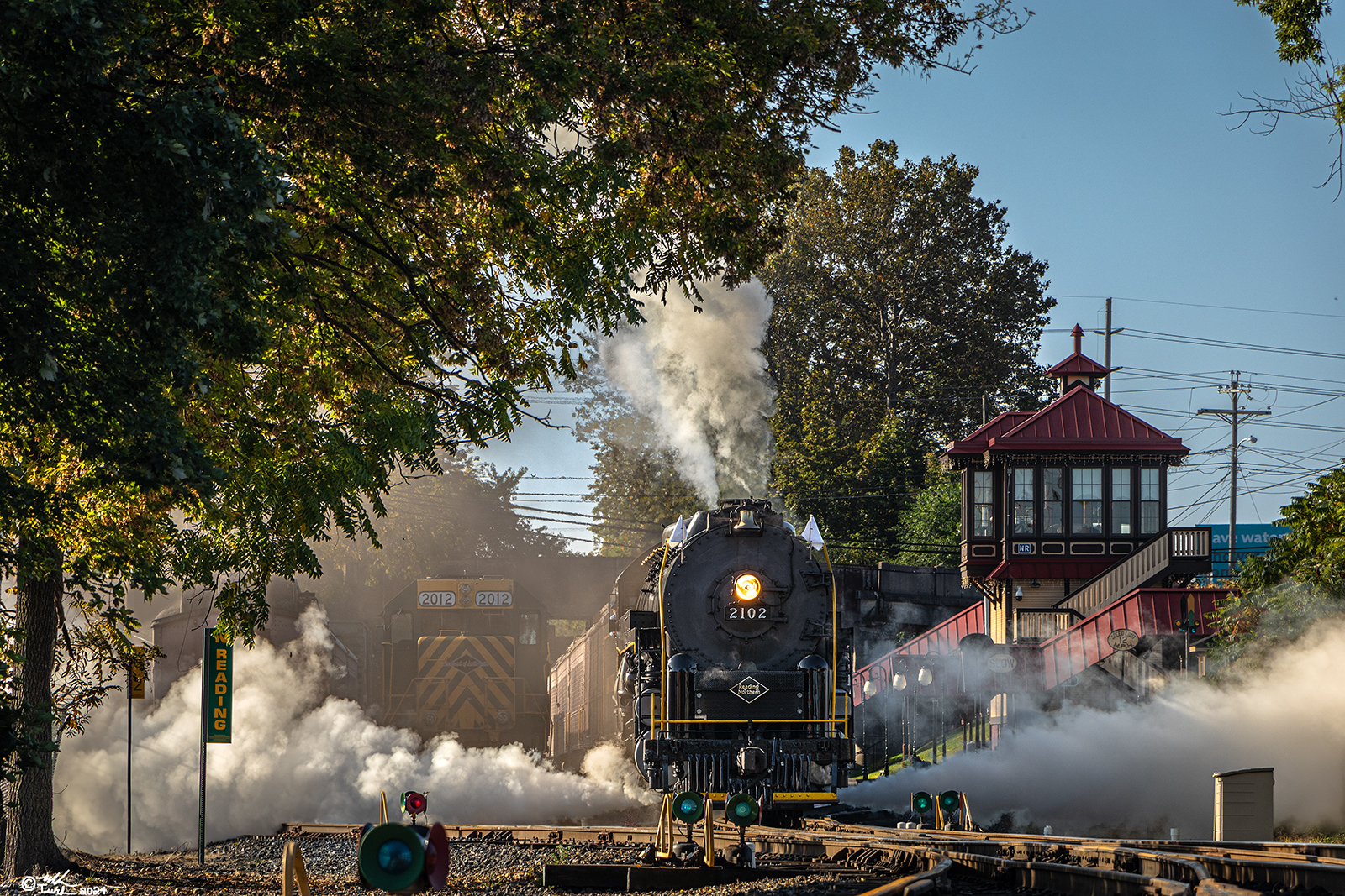 RDG 2102 is a class T-1 and  is pictured in Reading, Pennsylvania, USA.  This was taken along the Reading Outer Station on the Reading Company. Photo Copyright: Mark Turkovich uploaded to Railroad Gallery on 01/05/2024. This photograph of RDG 2102 was taken on Sunday, October 01, 2023. All Rights Reserved. 