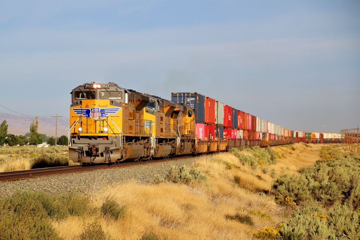 UP 8523 is a class EMD SD70ACe and  is pictured in Mountain Home, Idaho, USA.  This was taken along the Nampa/UP on the Union Pacific Railroad. Photo Copyright: Rick Doughty uploaded to Railroad Gallery on 01/06/2024. This photograph of UP 8523 was taken on Tuesday, September 19, 2023. All Rights Reserved. 