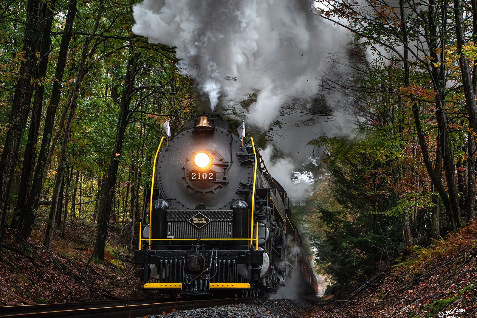 RDG 2102 is a class T-1 and  is pictured in Hometown, Pennsylvania, USA.  This was taken along the Hometown Hill on the Reading Company. Photo Copyright: Mark Turkovich uploaded to Railroad Gallery on 01/07/2024. This photograph of RDG 2102 was taken on Saturday, October 14, 2023. All Rights Reserved. 