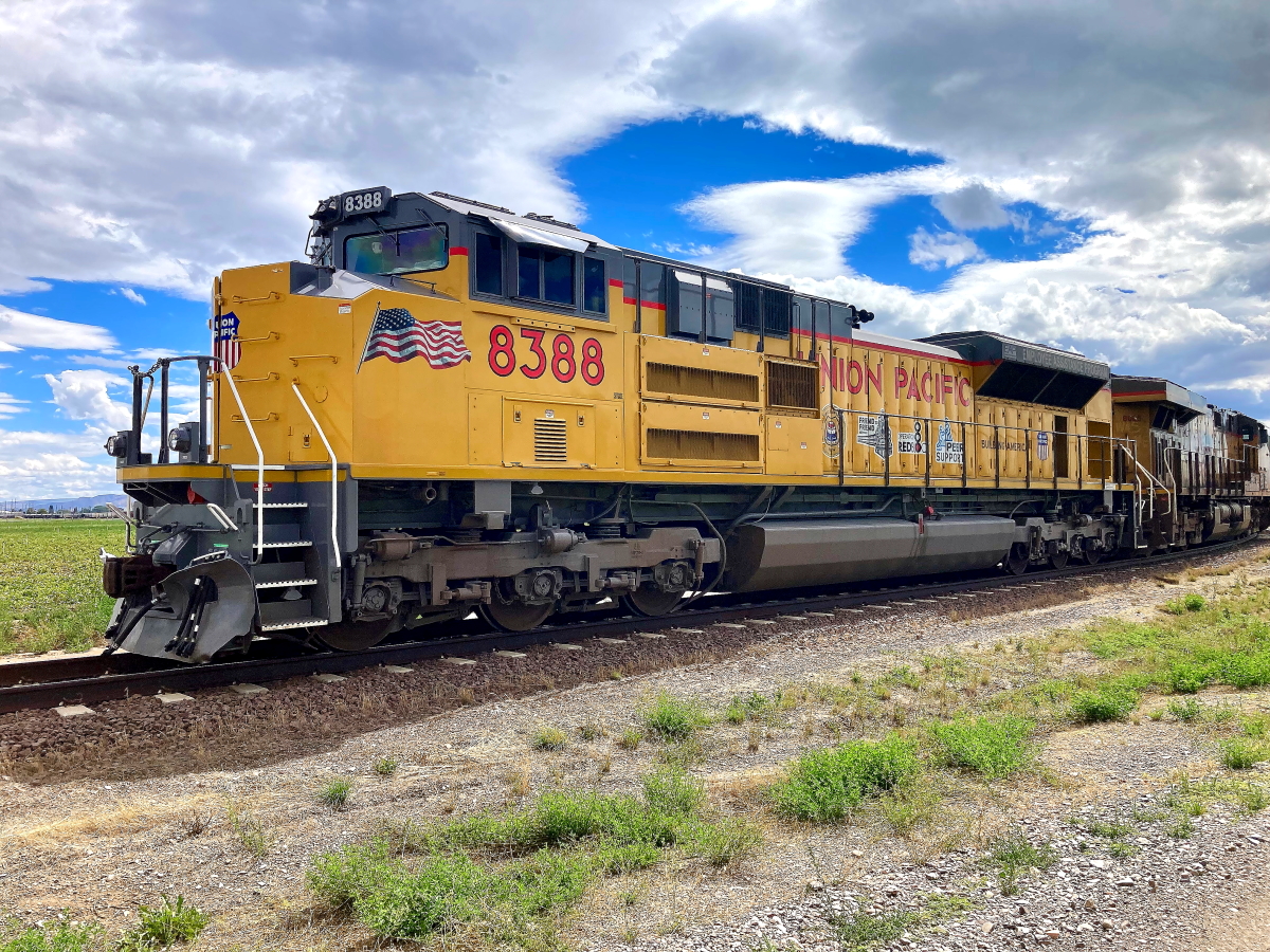 UP 8388 is a class EMD SD70ACe and  is pictured in Burley, Idaho, USA.  This was taken along the Twin Falls/EIRR on the Union Pacific Railroad. Photo Copyright: Rick Doughty uploaded to Railroad Gallery on 01/07/2024. This photograph of UP 8388 was taken on Saturday, September 02, 2023. All Rights Reserved. 