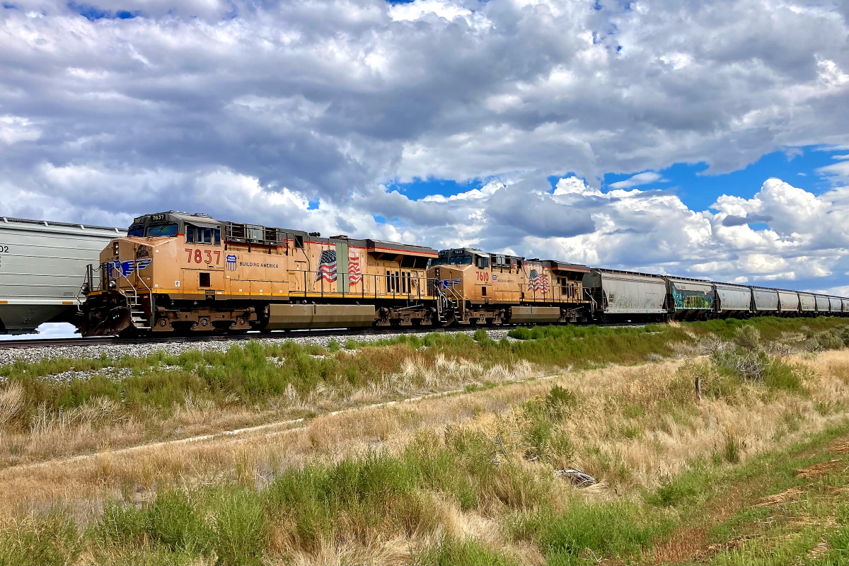 UP 7837 is a class GE AC4400CW-CTE and  is pictured in Minidoka, Idaho, USA.  This was taken along the Nampa/UP on the Union Pacific Railroad. Photo Copyright: Rick Doughty uploaded to Railroad Gallery on 01/07/2024. This photograph of UP 7837 was taken on Saturday, September 02, 2023. All Rights Reserved. 