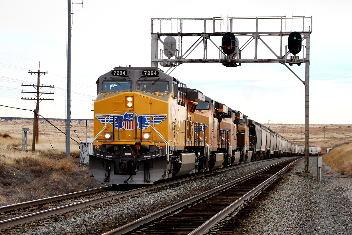 UP 7294 is a class GE ET44AC and  is pictured in Reverse, Idaho, USA.  This was taken along the Nampa/UP on the Union Pacific Railroad. Photo Copyright: Rick Doughty uploaded to Railroad Gallery on 01/07/2024. This photograph of UP 7294 was taken on Saturday, January 14, 2023. All Rights Reserved. 