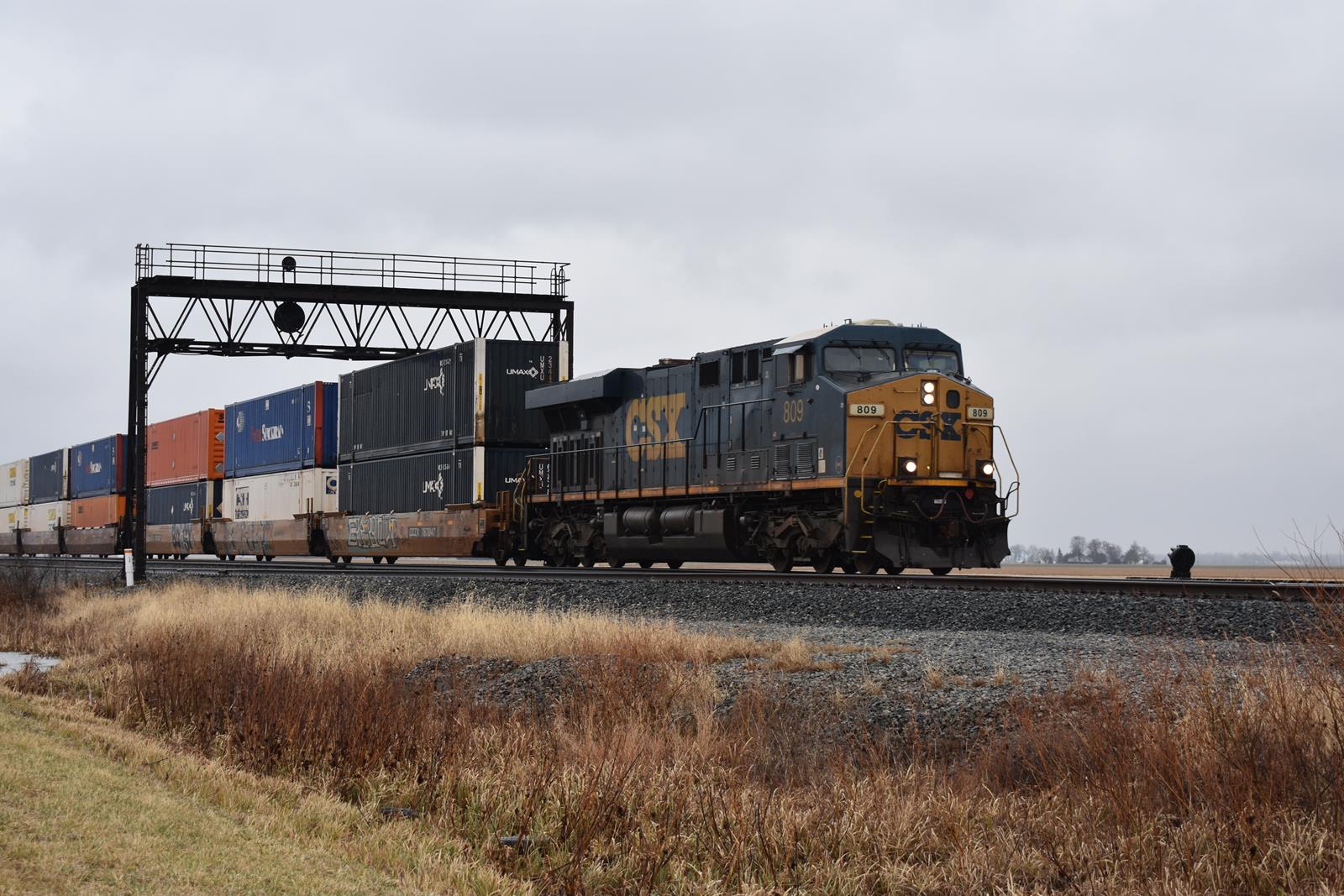 CSXT 809 is a class GE ES44AC-H and  is pictured in Deshler, Ohio, USA.  This was taken along the CSX Toledo Line on the CSX Transportation. Photo Copyright: James Ellison uploaded to Railroad Gallery on 11/30/2022. This photograph of CSXT 809 was taken on Saturday, March 19, 2022. All Rights Reserved. 