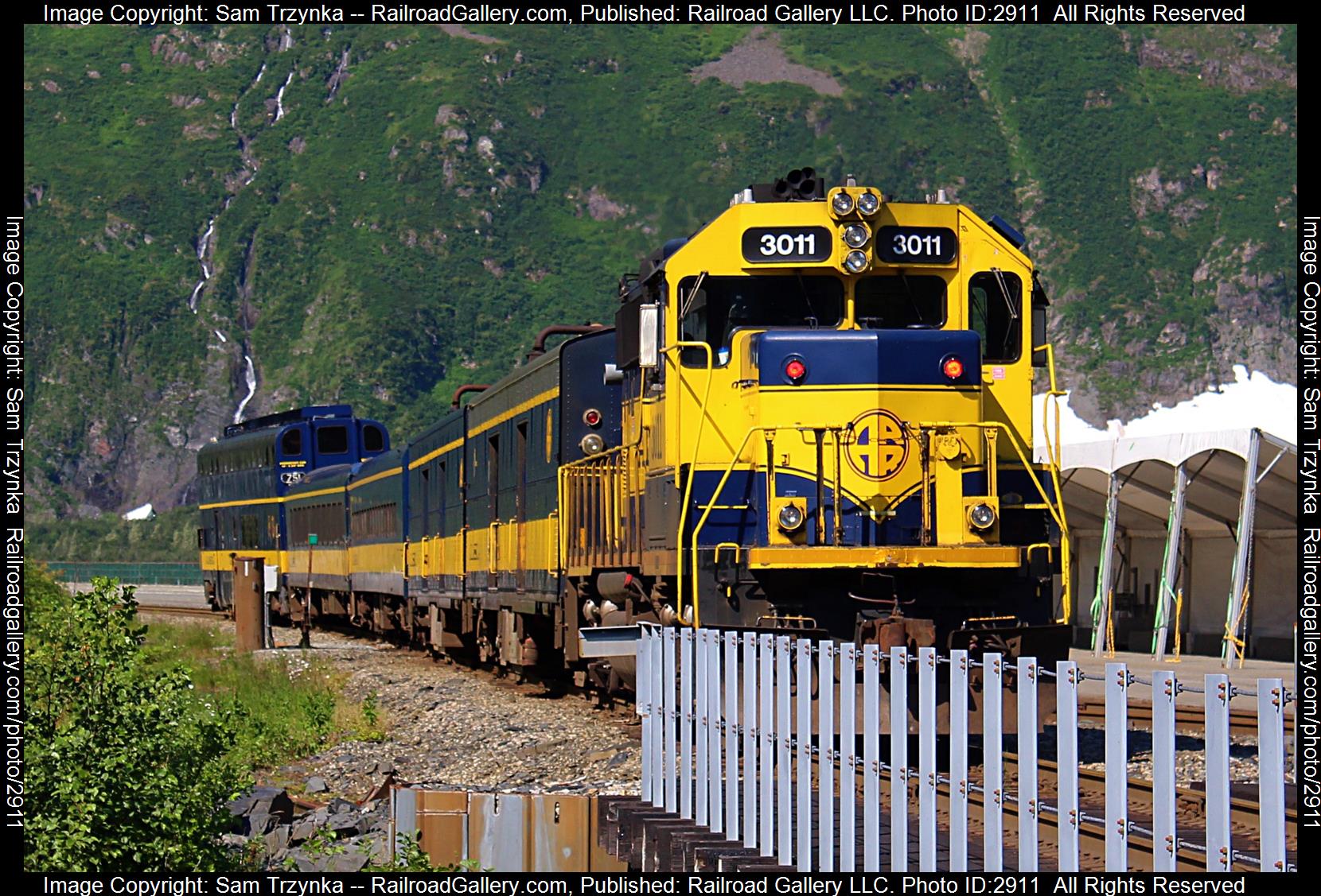 ARR 3011 is a class EMD GP40-2 and  is pictured in Whittier, Alaska, USA.  This was taken along the ARR Whittier Division on the Alaska Railroad. Photo Copyright: Sam Trzynka uploaded to Railroad Gallery on 01/08/2024. This photograph of ARR 3011 was taken on Sunday, July 30, 2023. All Rights Reserved. 