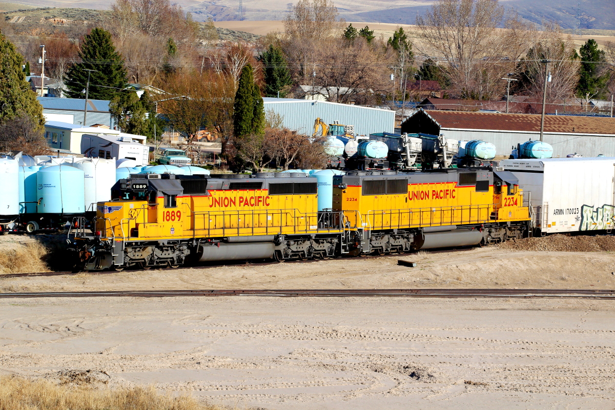 UP 1889 is a class EMD SD40-2 and  is pictured in American Falls, Idaho, USA.  This was taken along the Nampa/UP on the Union Pacific Railroad. Photo Copyright: Rick Doughty uploaded to Railroad Gallery on 01/10/2024. This photograph of UP 1889 was taken on Saturday, April 17, 2021. All Rights Reserved. 