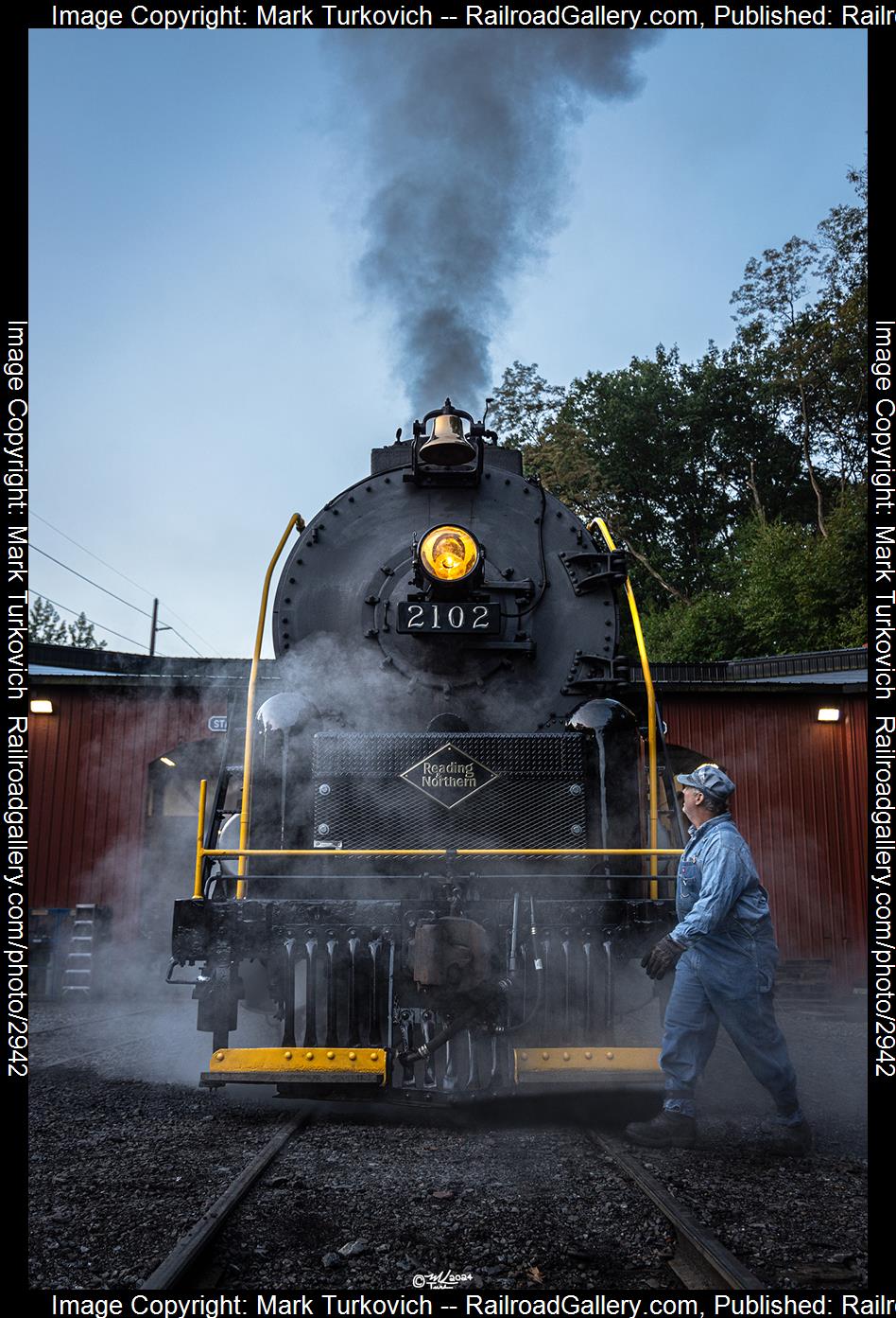 RDG 2102 is a class T-1 and  is pictured in Port Clinton, Pennsylvania, USA.  This was taken along the Reading & Northern Steam Shop on the Reading Company. Photo Copyright: Mark Turkovich uploaded to Railroad Gallery on 01/12/2024. This photograph of RDG 2102 was taken on Saturday, September 02, 2023. All Rights Reserved. 