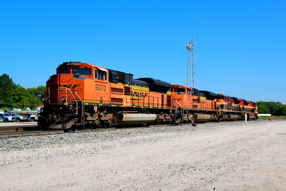 BNSF 9370 is a class EMD SD70ACe and  is pictured in Heavener, Oklahoma, USA.  This was taken along the Shreveport/KCS on the BNSF Railway. Photo Copyright: Rick Doughty uploaded to Railroad Gallery on 01/12/2024. This photograph of BNSF 9370 was taken on Saturday, August 22, 2020. All Rights Reserved. 