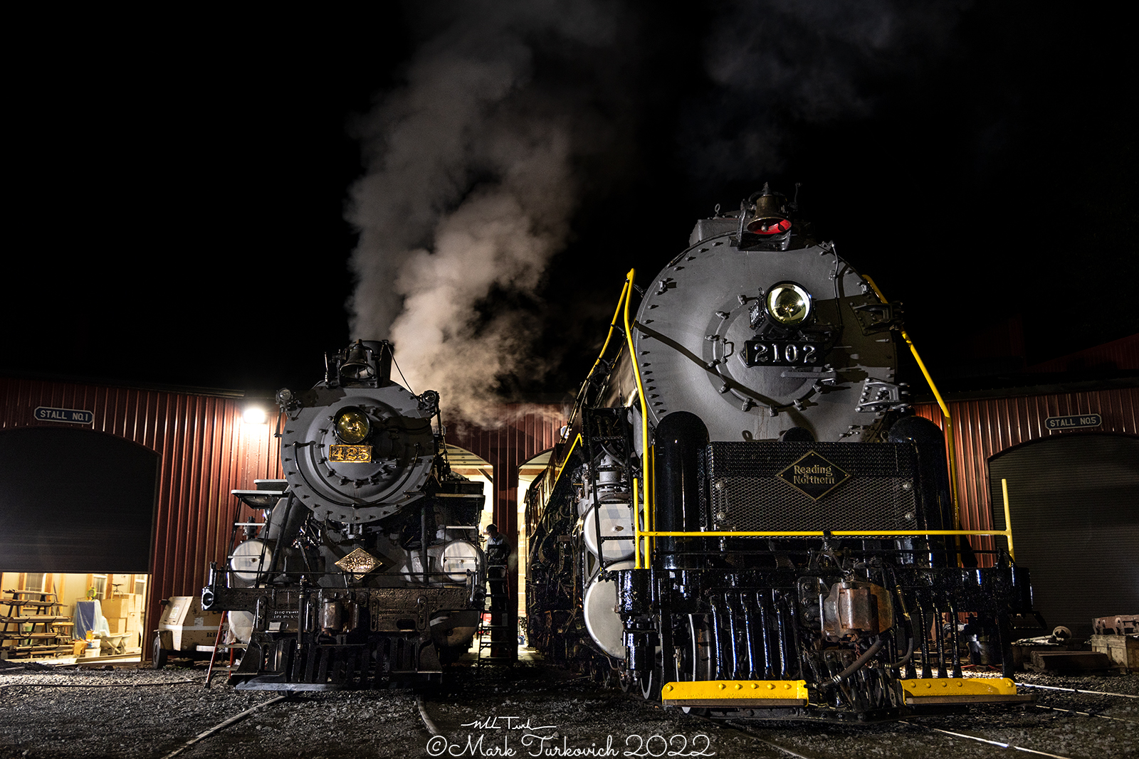 RDG 2102 is a class T-1 and  is pictured in Port Clinton, Pennsylvania, USA.  This was taken along the Reading & Northern Steam Shop on the Reading Company. Photo Copyright: Mark Turkovich uploaded to Railroad Gallery on 12/01/2022. This photograph of RDG 2102 was taken on Saturday, August 13, 2022. All Rights Reserved. 