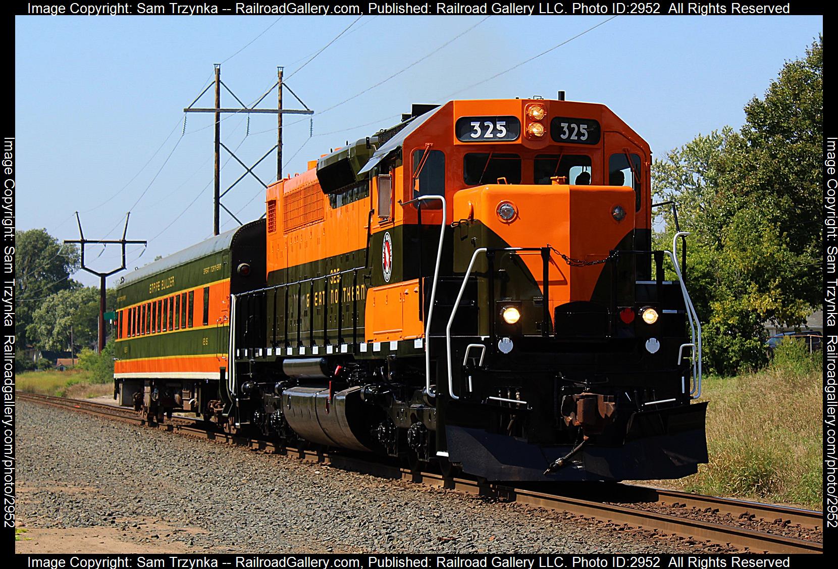 GN 325 is a class EMD SDP40 and  is pictured in Minneapolis, Minnesota, USA.  This was taken along the CP Withrow Subdivision on the Great Northern Railway. Photo Copyright: Sam Trzynka uploaded to Railroad Gallery on 01/13/2024. This photograph of GN 325 was taken on Sunday, September 03, 2023. All Rights Reserved. 