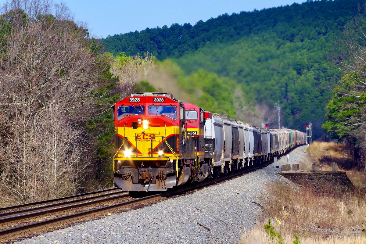 KCS 3928 is a class EMD SD70MAC and  is pictured in Page, Oklahoma, USA.  This was taken along the Shreveport/KCS on the Kansas City Southern Railway. Photo Copyright: Rick Doughty uploaded to Railroad Gallery on 01/16/2024. This photograph of KCS 3928 was taken on Saturday, March 09, 2019. All Rights Reserved. 