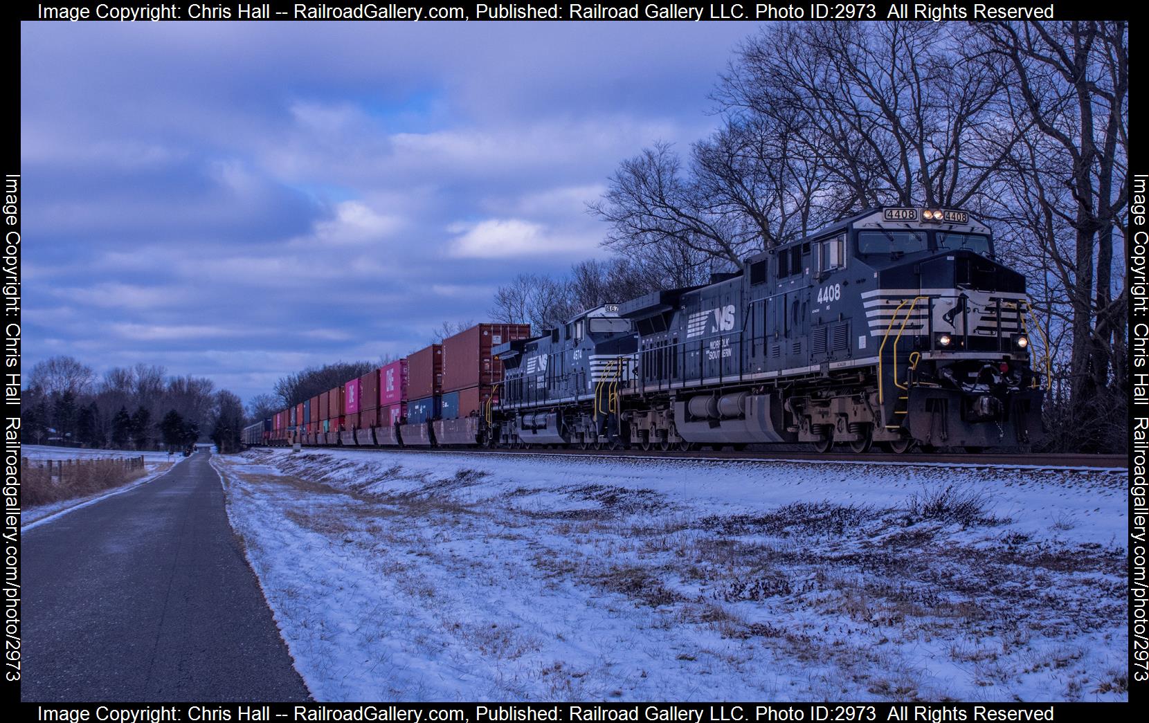 NS 4408 is a class GE AC44C6M and  is pictured in Salvisa, Kentucky, United States.  This was taken along the Louisville District  on the Norfolk Southern. Photo Copyright: Chris Hall uploaded to Railroad Gallery on 01/16/2024. This photograph of NS 4408 was taken on Wednesday, January 17, 2024. All Rights Reserved. 