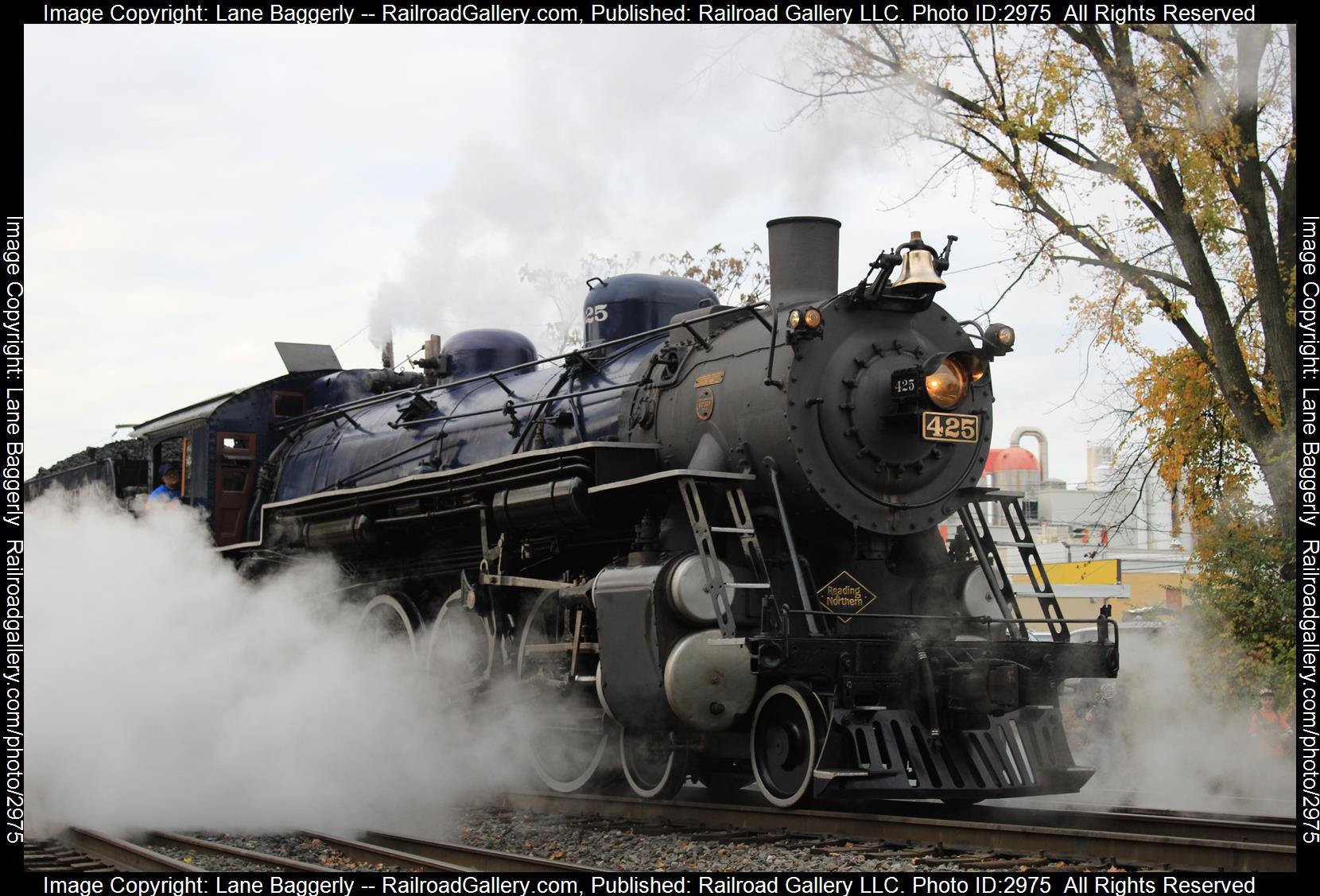 RBMN 425 is a class 4-6-2 and  is pictured in North Reading, Pennsylvania, United States.  This was taken along the RBMN on the Reading Blue Mountain and Northern Railroad. Photo Copyright: Lane Baggerly uploaded to Railroad Gallery on 01/16/2024. This photograph of RBMN 425 was taken on Sunday, November 06, 2022. All Rights Reserved. 