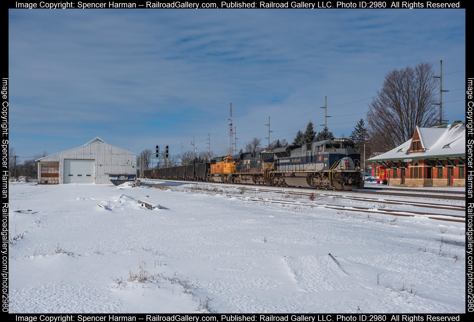 NS 1070 is a class EMD SD70ACe and  is pictured in Wauseon, Ohio, USA.  This was taken along the Chicago Line on the Norfolk Southern. Photo Copyright: Spencer Harman uploaded to Railroad Gallery on 01/17/2024. This photograph of NS 1070 was taken on Wednesday, January 17, 2024. All Rights Reserved. 