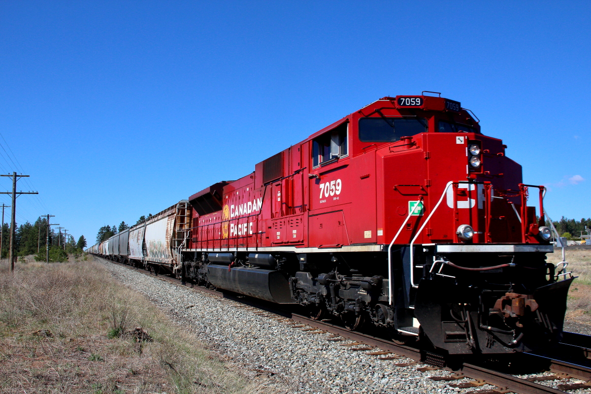 CP 7059 is a class EMD SD9043MAC and  is pictured in Cheney, Washington, USA.  This was taken along the Spokane/UP on the Canadian Pacific Railway. Photo Copyright: Rick Doughty uploaded to Railroad Gallery on 01/17/2024. This photograph of CP 7059 was taken on Sunday, May 02, 2021. All Rights Reserved. 