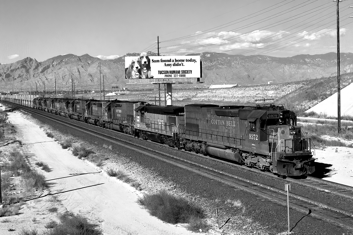 SSW 9372 is a class EMD SD45T-2 and  is pictured in Tucson, Arizona, USA.  This was taken along the Lordsburg/SP on the Cotton Belt. Photo Copyright: Rick Doughty uploaded to Railroad Gallery on 01/18/2024. This photograph of SSW 9372 was taken on Tuesday, October 13, 1987. All Rights Reserved. 