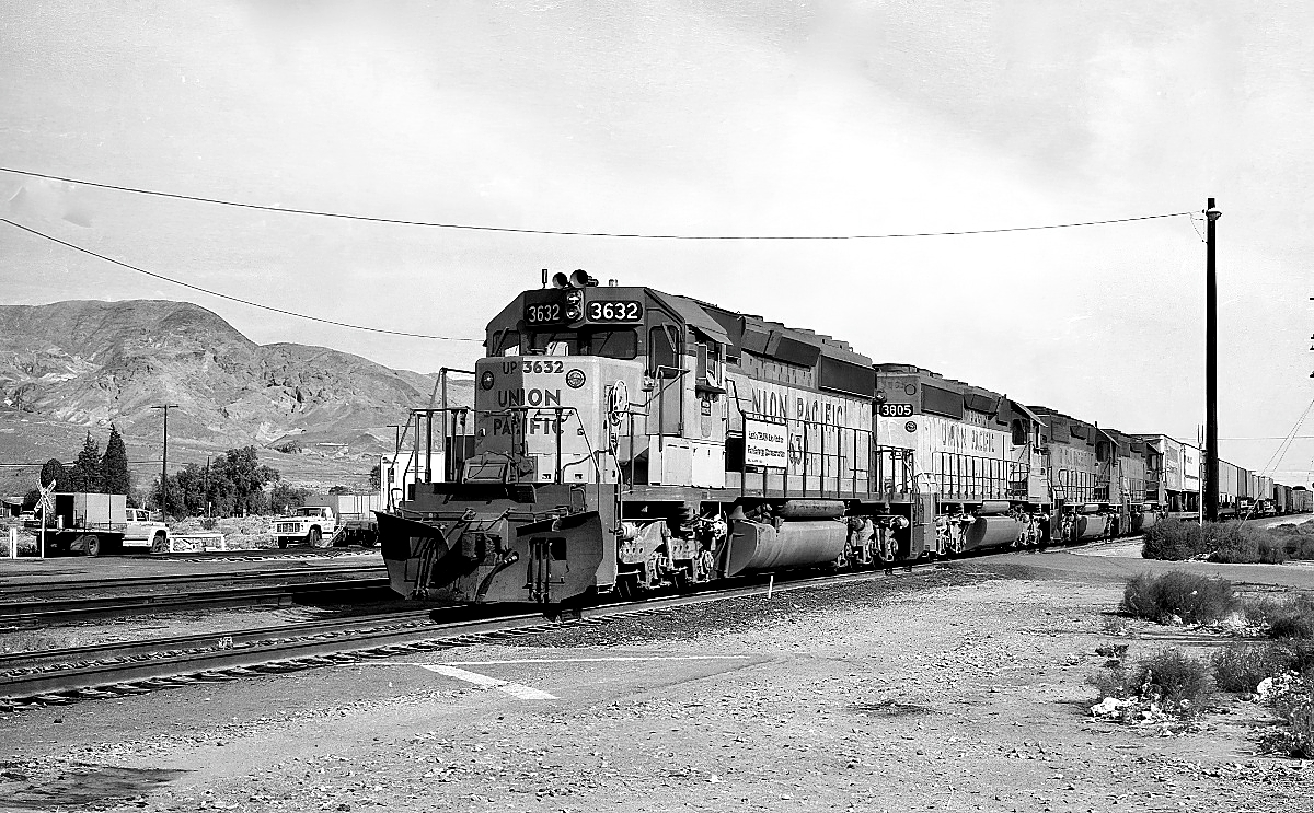 UP 3632 is a class EMD SD40-2 and  is pictured in Yermo, California, USA.  This was taken along the Las Vegas/UP on the Union Pacific Railroad. Photo Copyright: Rick Doughty uploaded to Railroad Gallery on 01/19/2024. This photograph of UP 3632 was taken on Sunday, March 30, 1980. All Rights Reserved. 