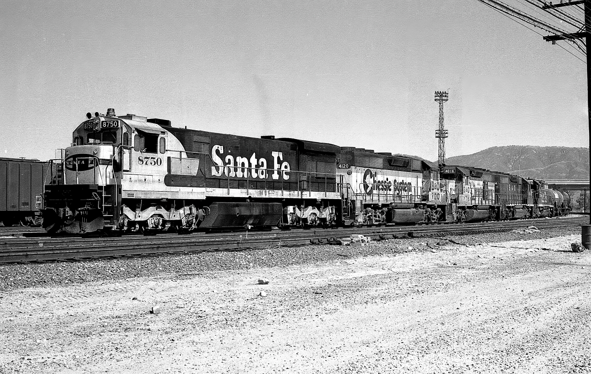 SF 8750 is a class GE U36C and  is pictured in San Bernardino, California, USA.  This was taken along the Los Angeles/SF on the Santa Fe. Photo Copyright: Rick Doughty uploaded to Railroad Gallery on 01/20/2024. This photograph of SF 8750 was taken on Saturday, March 29, 1980. All Rights Reserved. 