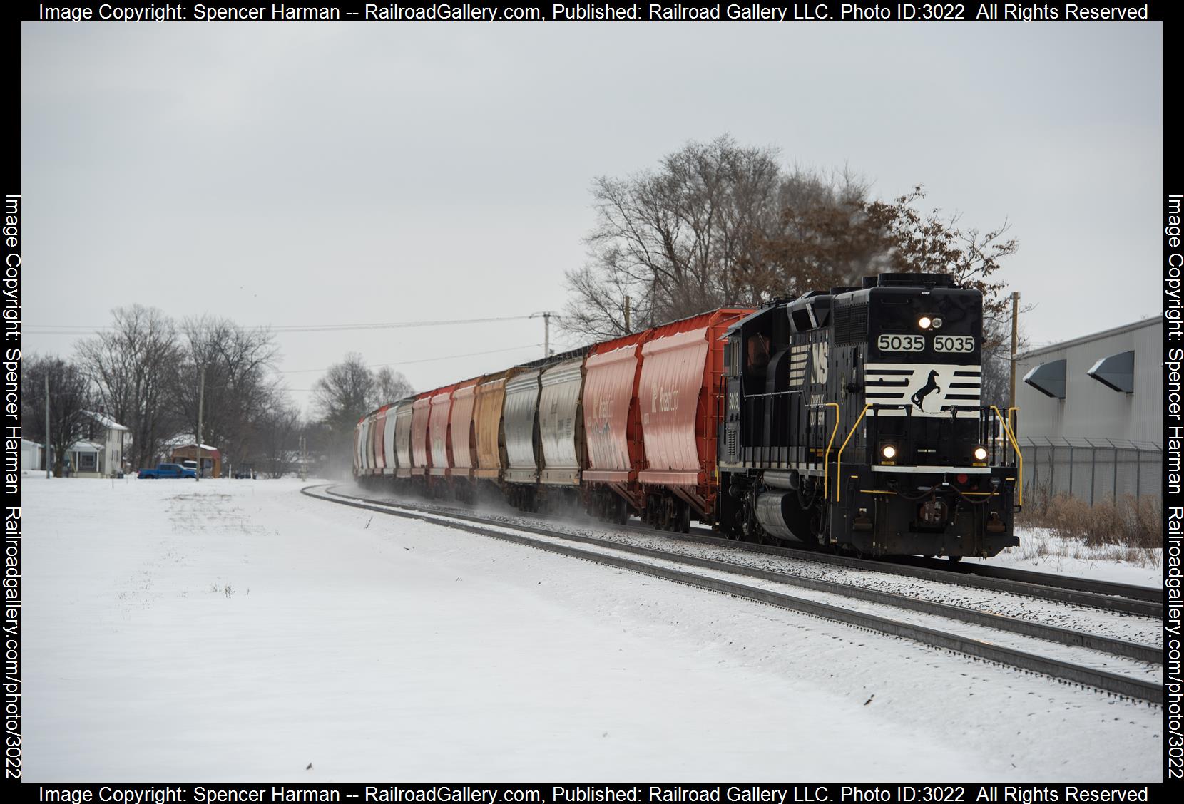 NS 5035 is a class EMD GP38-2 and  is pictured in Kendallville, Indiana, USA.  This was taken along the Chicago Line on the Norfolk Southern. Photo Copyright: Spencer Harman uploaded to Railroad Gallery on 01/25/2024. This photograph of NS 5035 was taken on Thursday, January 18, 2024. All Rights Reserved. 