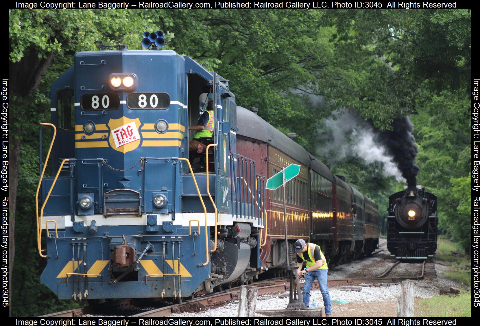 TAG 80 is a class EMD GP38 and  is pictured in Chattanooga, TN, United States.  This was taken along the TVRM on the Tennessee, Alabama, & Georgia. Photo Copyright: Lane Baggerly uploaded to Railroad Gallery on 01/29/2024. This photograph of TAG 80 was taken on Sunday, May 16, 2021. All Rights Reserved. 