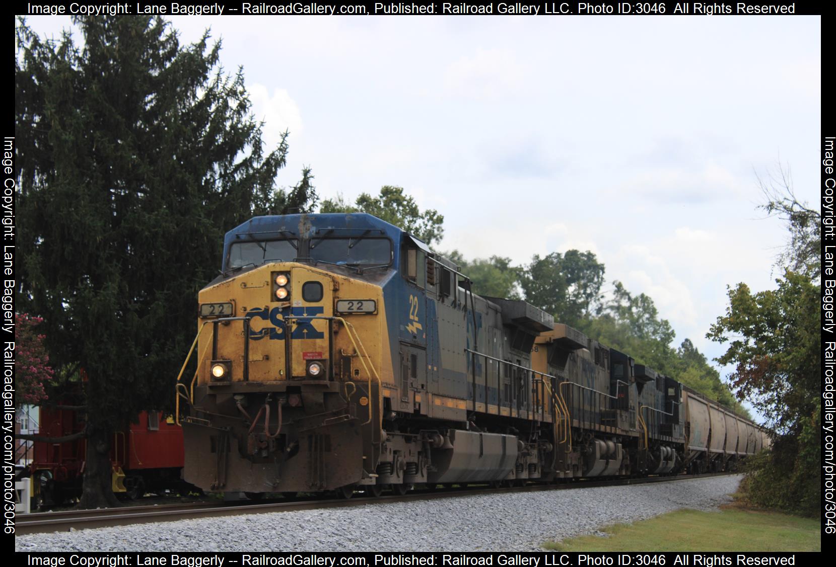 CSX 22 is a class GE AC44CW and  is pictured in Wartrace, TN, United States.  This was taken along the Chattanooga Sub on the CSX Transportation. Photo Copyright: Lane Baggerly uploaded to Railroad Gallery on 01/29/2024. This photograph of CSX 22 was taken on Friday, September 02, 2022. All Rights Reserved. 