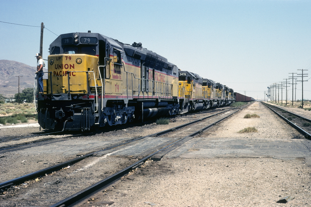 UP 79 is a class EMD DD35A and  is pictured in Yermo, California, USA.  This was taken along the Las Vegas/UP on the Union Pacific Railroad. Photo Copyright: Rick Doughty uploaded to Railroad Gallery on 01/30/2024. This photograph of UP 79 was taken on Wednesday, August 29, 1979. All Rights Reserved. 