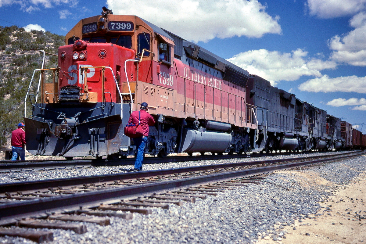 SP 7399 is a class EMD SD44R and  is pictured in Summit, California, USA.  This was taken along the Cajon/SP on the Southern Pacific Transportation Company. Photo Copyright: Rick Doughty uploaded to Railroad Gallery on 01/31/2024. This photograph of SP 7399 was taken on Friday, April 20, 1984. All Rights Reserved. 