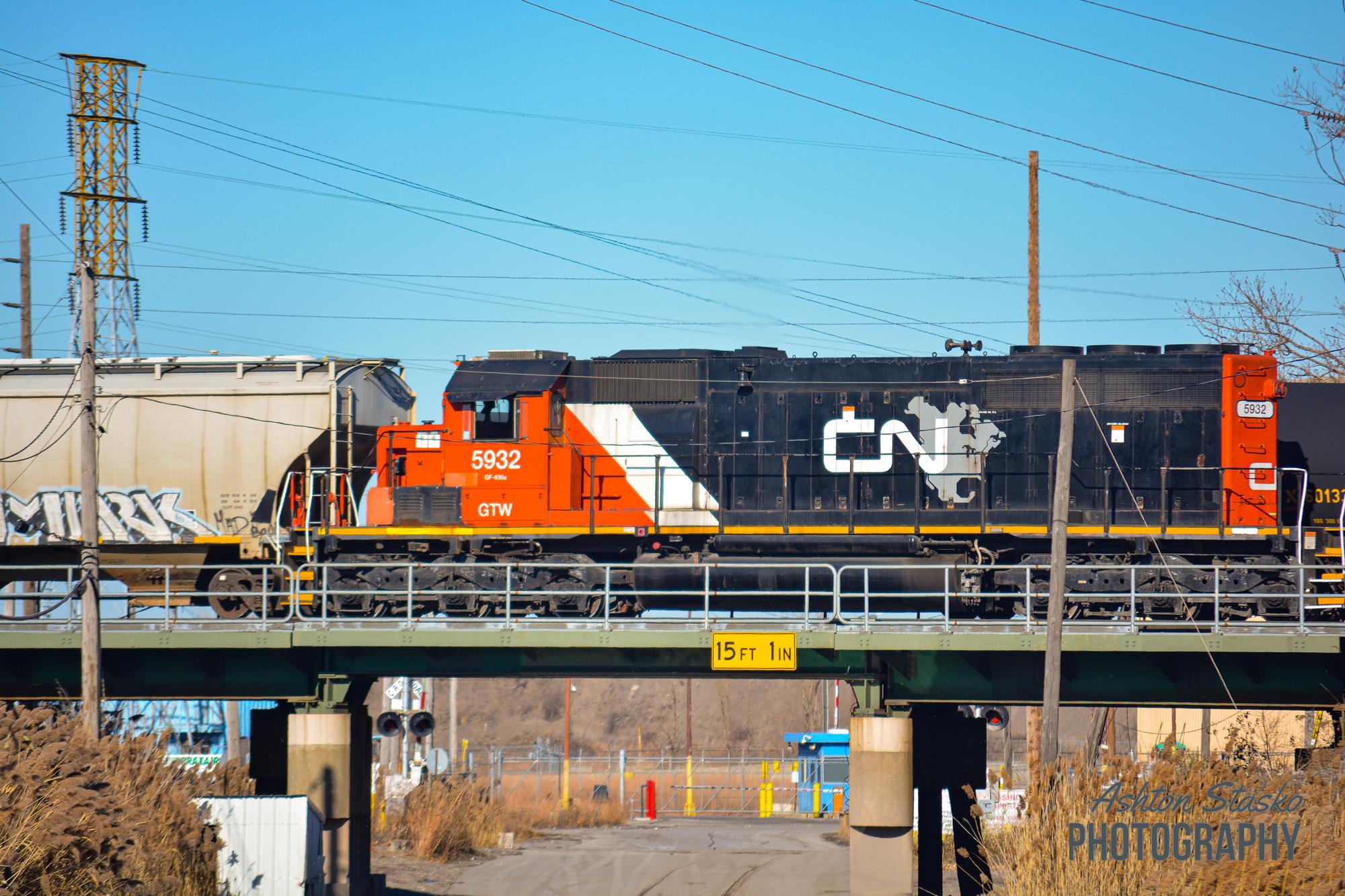 5932 is a class SD40-2 and  is pictured in Gary , Indiana , United States .  This was taken along the Mattson Subdivision  on the Canadian National Railway. Photo Copyright: Ashton  Stasko  uploaded to Railroad Gallery on 12/02/2022. This photograph of 5932 was taken on Saturday, November 12, 2022. All Rights Reserved. 