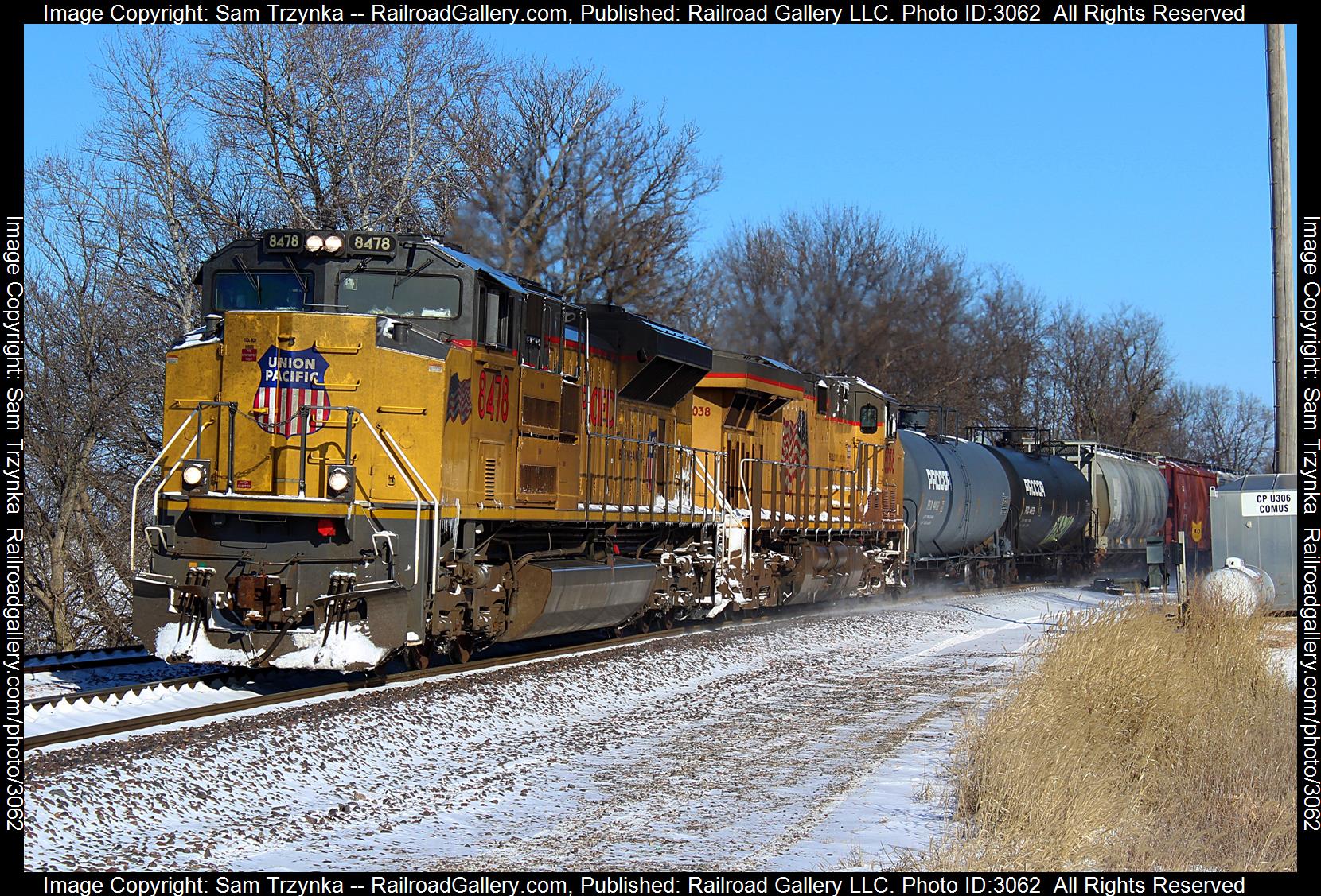 UP 8478 is a class EMD SD70ACe and  is pictured in Dundas, Minnesota, USA.  This was taken along the UP Albert Lea Subdivision on the Union Pacific Railroad. Photo Copyright: Sam Trzynka uploaded to Railroad Gallery on 02/01/2024. This photograph of UP 8478 was taken on Monday, January 15, 2024. All Rights Reserved. 