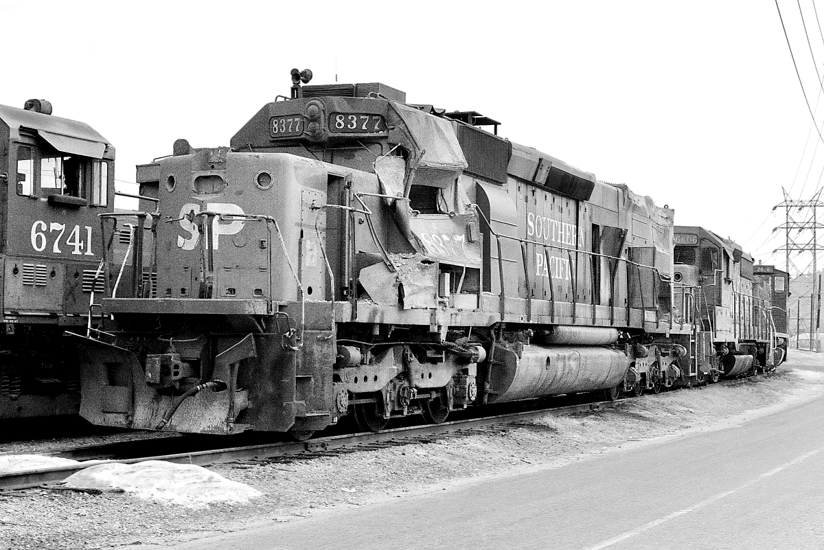 SP 8377 is a class EMD SD40T-2 and  is pictured in Glendale, California, USA.  This was taken along the Los Angeles/SP on the Southern Pacific Transportation Company. Photo Copyright: Rick Doughty uploaded to Railroad Gallery on 02/02/2024. This photograph of SP 8377 was taken on Sunday, March 29, 1981. All Rights Reserved. 