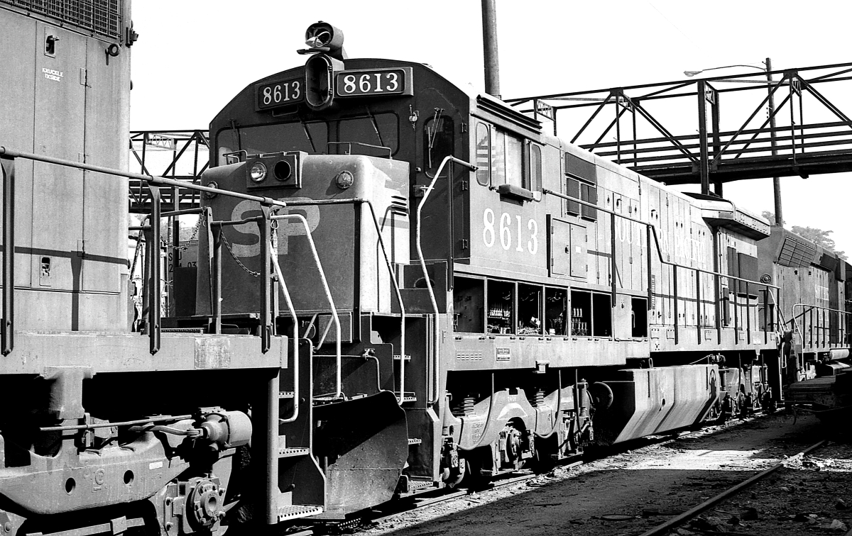 SP 8613 is a class GE U33C and  is pictured in Los Angeles, California, USA.  This was taken along the Los Angeles/SP on the Southern Pacific Transportation Company. Photo Copyright: Rick Doughty uploaded to Railroad Gallery on 02/02/2024. This photograph of SP 8613 was taken on Monday, February 11, 1980. All Rights Reserved. 