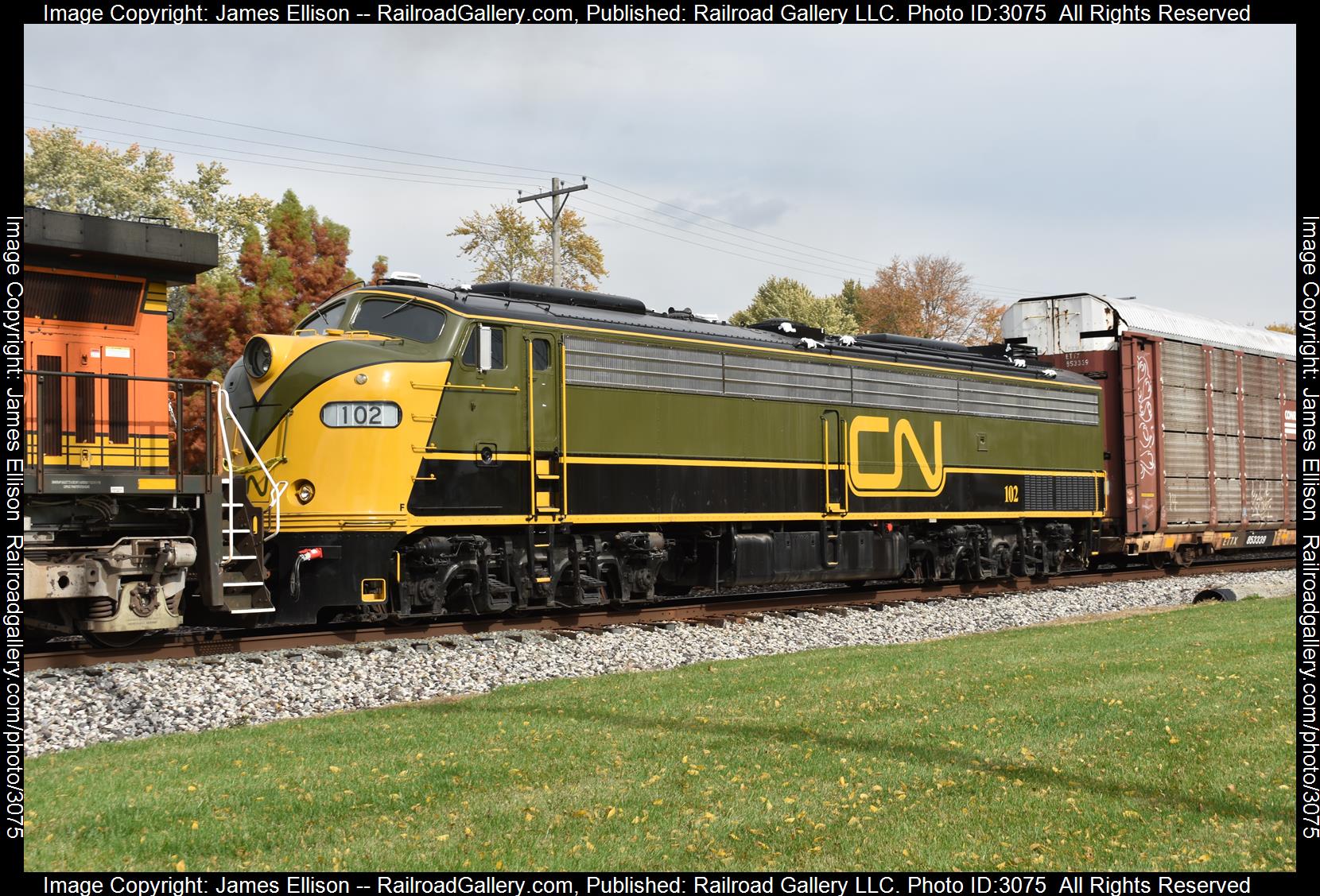 CN 103 is a class EMD E9(A) and  is pictured in Clymers, IN, USA.  This was taken along the Illinois Division/Lafayette District on the Norfolk Southern. Photo Copyright: James Ellison uploaded to Railroad Gallery on 02/03/2024. This photograph of CN 103 was taken on Thursday, October 26, 2023. All Rights Reserved. 