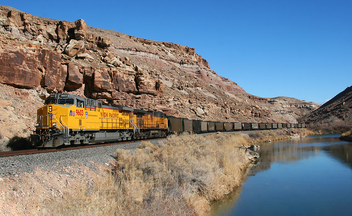 UP 9603 is a class C44ACM and  is pictured in Escalante, Colorado, United States.  This was taken along the N. Fork Branch on the Union Pacific Railroad. Photo Copyright: John Shine uploaded to Railroad Gallery on 02/07/2024. This photograph of UP 9603 was taken on Saturday, February 10, 2024. All Rights Reserved. 