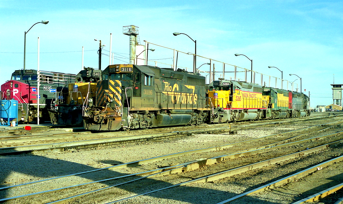 DRGW 3116 is a class EMD GP40-2 and  is pictured in Tucson, Arizona, USA.  This was taken along the Lordsburg/UP on the Denver and Rio Grande Western Railroad. Photo Copyright: Rick Doughty uploaded to Railroad Gallery on 02/07/2024. This photograph of DRGW 3116 was taken on Monday, February 15, 1999. All Rights Reserved. 