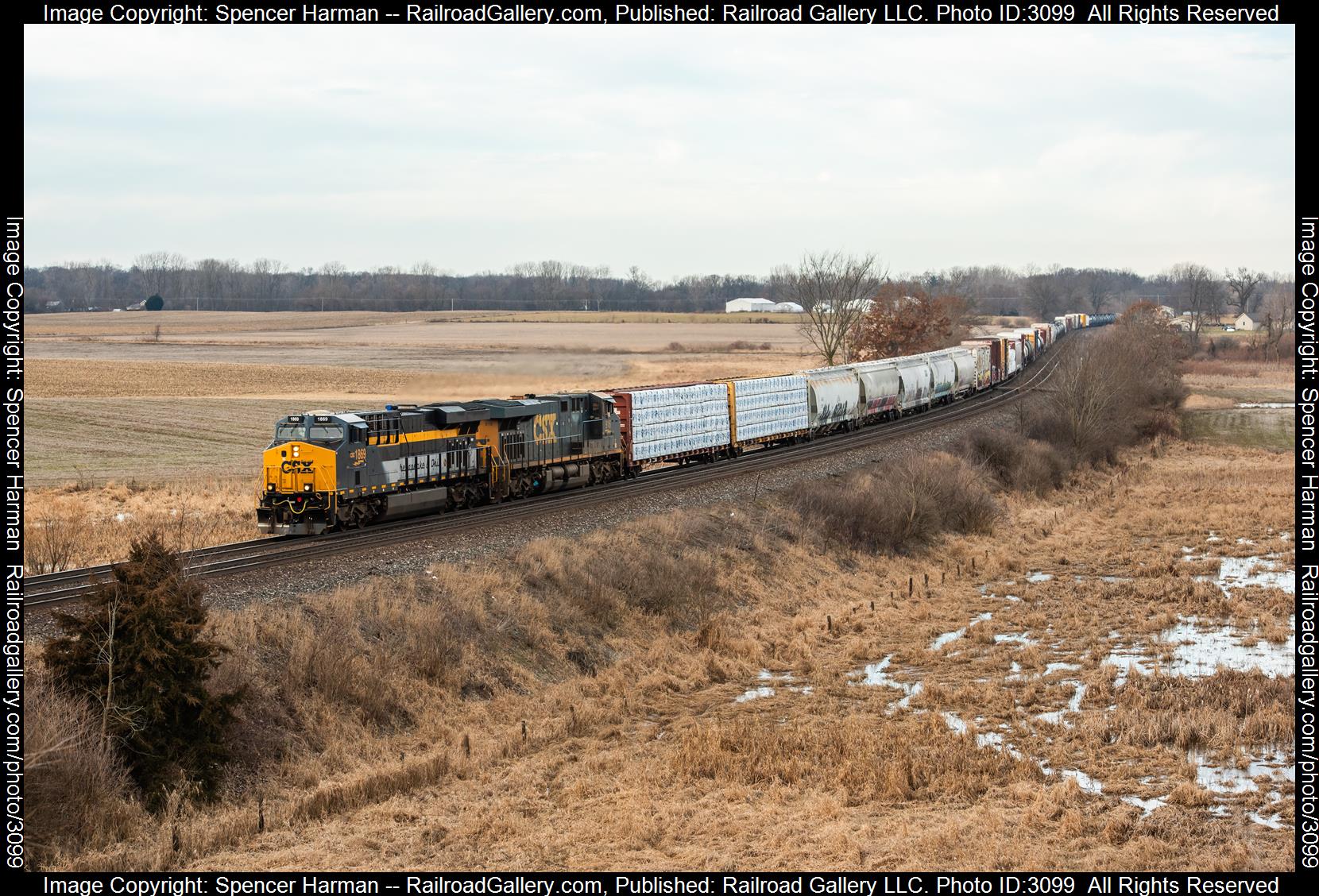 CSXT 1869 is a class GE ES44AC and  is pictured in Kimmell, Indiana, USA.  This was taken along the Garrett Subdivision on the CSX Transportation. Photo Copyright: Spencer Harman uploaded to Railroad Gallery on 02/08/2024. This photograph of CSXT 1869 was taken on Thursday, February 08, 2024. All Rights Reserved. 