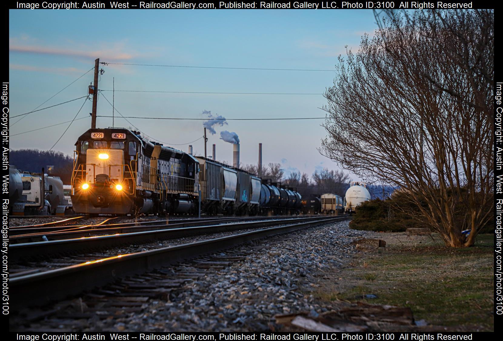 WAMX 4221 is a class EMD SD45 and  is pictured in Nitro, West Virginia, United States.  This was taken along the Kanawha District on the Kanawha River Railroad. Photo Copyright: Austin  West uploaded to Railroad Gallery on 02/08/2024. This photograph of WAMX 4221 was taken on Sunday, February 04, 2024. All Rights Reserved. 