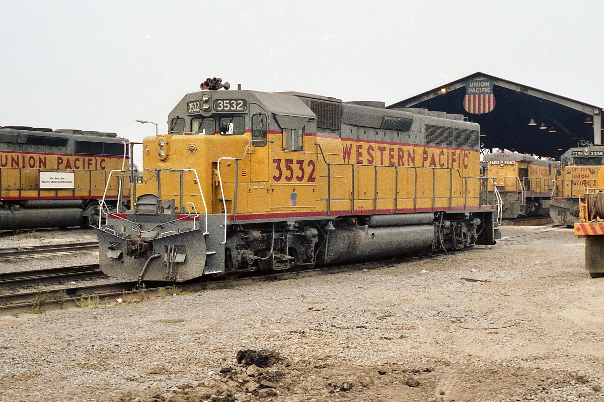 WP 3532 is a class EMD GP40 and  is pictured in Los Angeles, California, USA.  This was taken along the Los Angeles/UP on the Western Pacific Railroad. Photo Copyright: Rick Doughty uploaded to Railroad Gallery on 02/09/2024. This photograph of WP 3532 was taken on Monday, July 04, 1983. All Rights Reserved. 