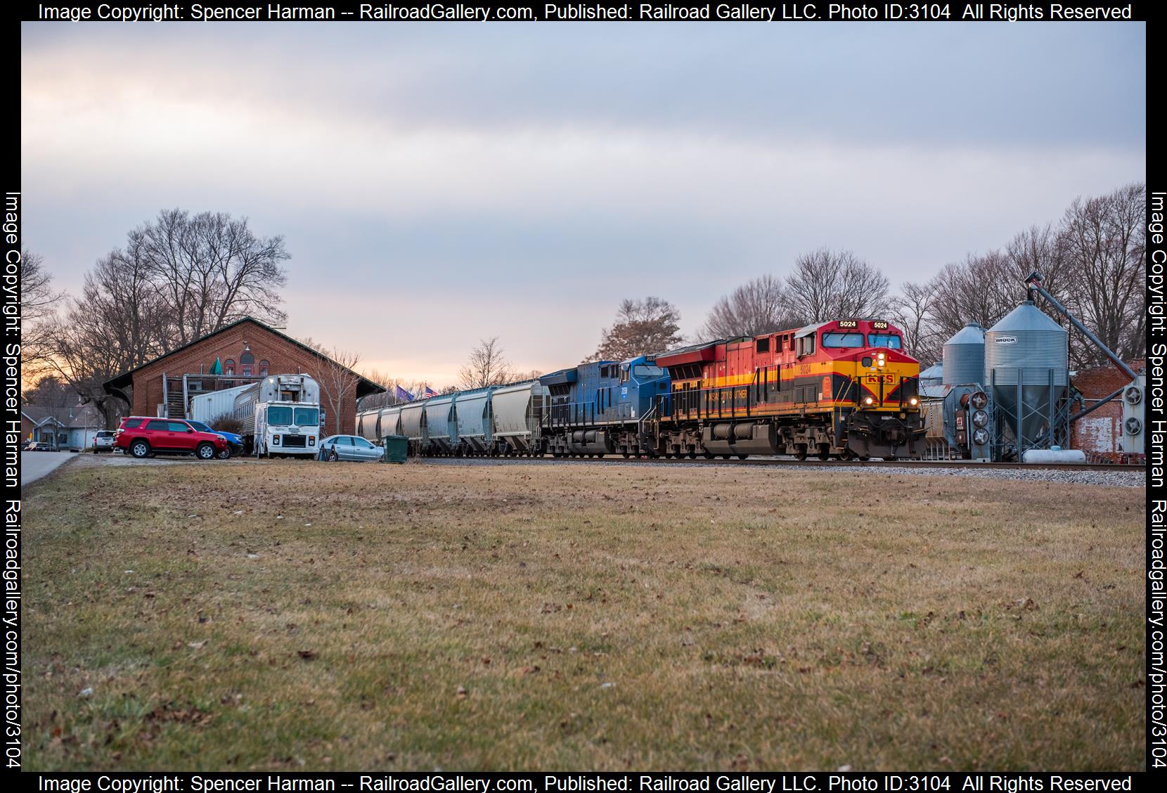 KCS 5024 is a class GE ET44AC and  is pictured in Pierceton, Indiana, USA.  This was taken along the Fort Wayne Subdivision on the Chicago Fort Wayne & Eastern. Photo Copyright: Spencer Harman uploaded to Railroad Gallery on 02/10/2024. This photograph of KCS 5024 was taken on Friday, February 09, 2024. All Rights Reserved. 